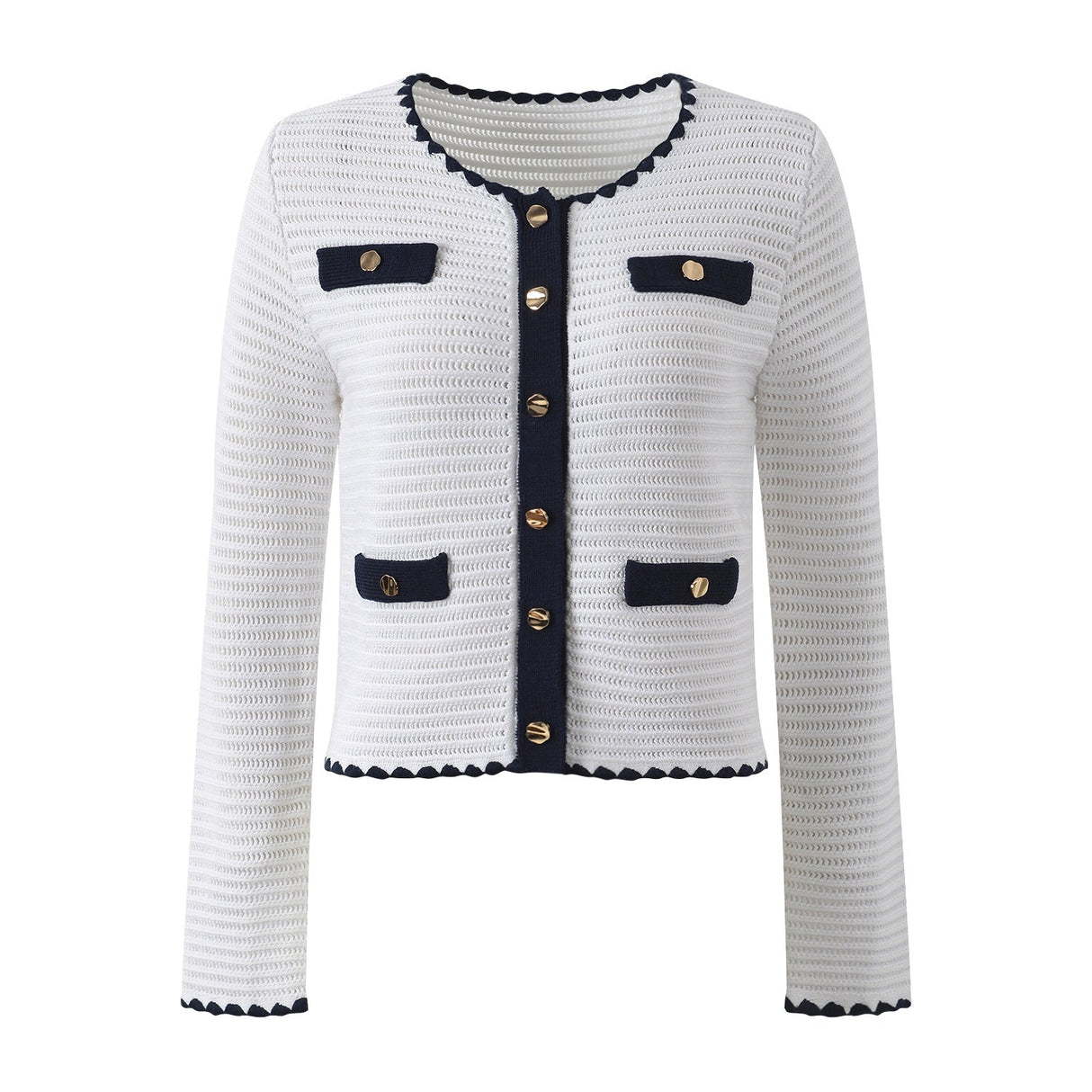 Grace Cardigan & Skirt Set - Navy Trim - Scalloped Edges - Gold Buttons