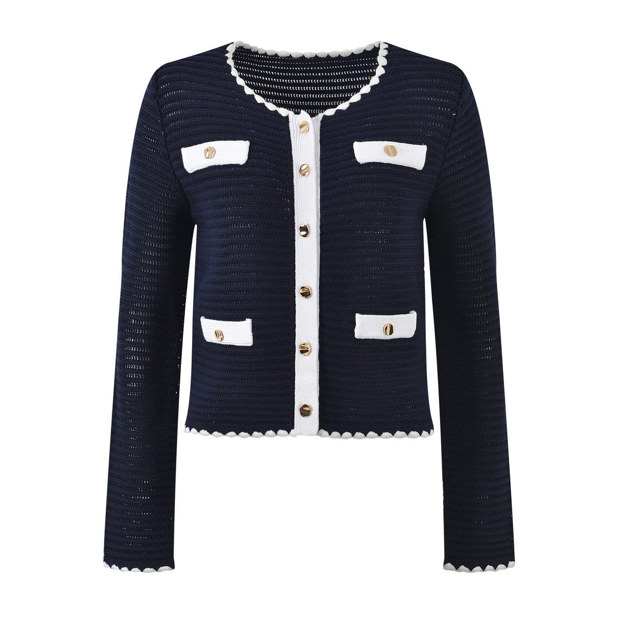 Grace Cardigan & Skirt Set - Navy Trim - Scalloped Edges - Gold Buttons