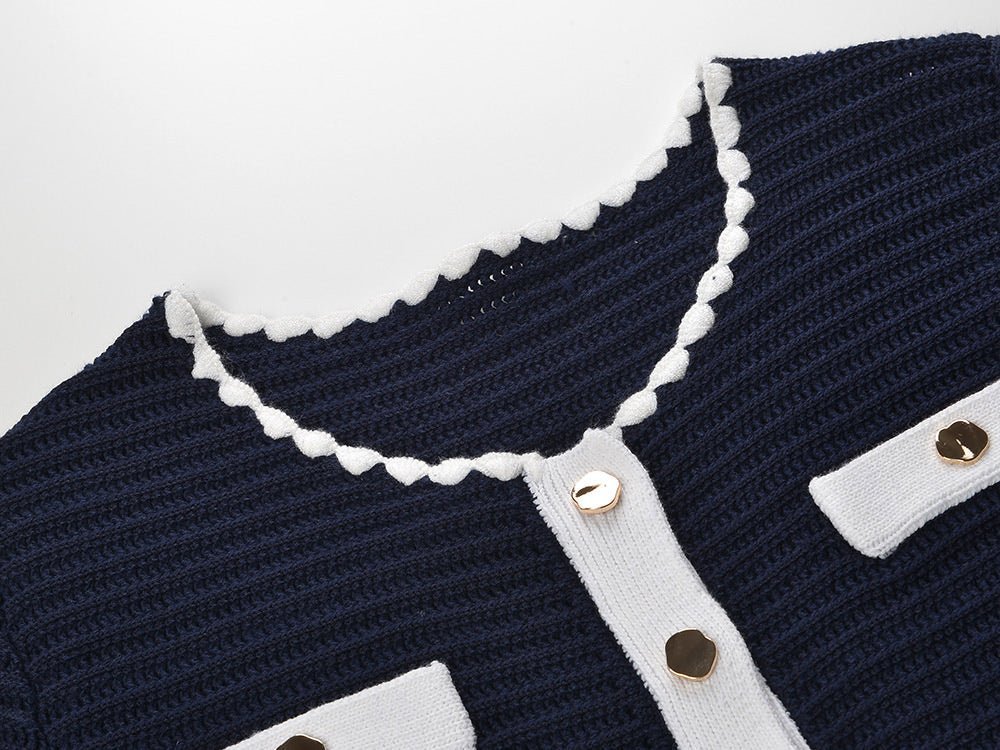 Grace Cardigan & Skirt Set - Navy Trim - Scalloped Edges - Gold Buttons