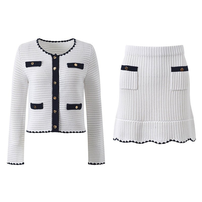 Grace Cardigan & Skirt Set - Navy Trim - Scalloped Edges - Gold Buttons