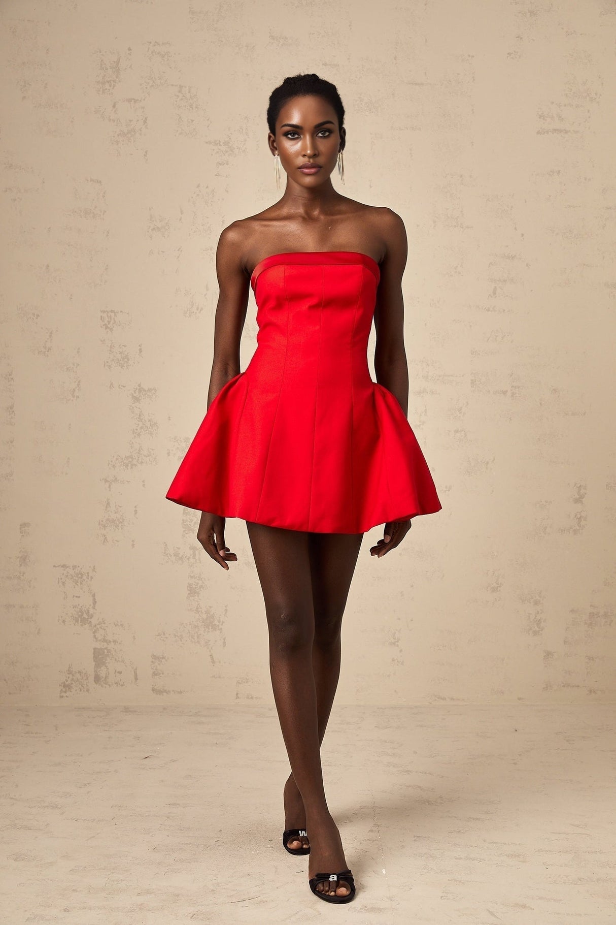 Grace Off Shoulder Mini Dress - Sleeveless - Flared Skirt - Pleated Detailing - Rear Zip Fastening