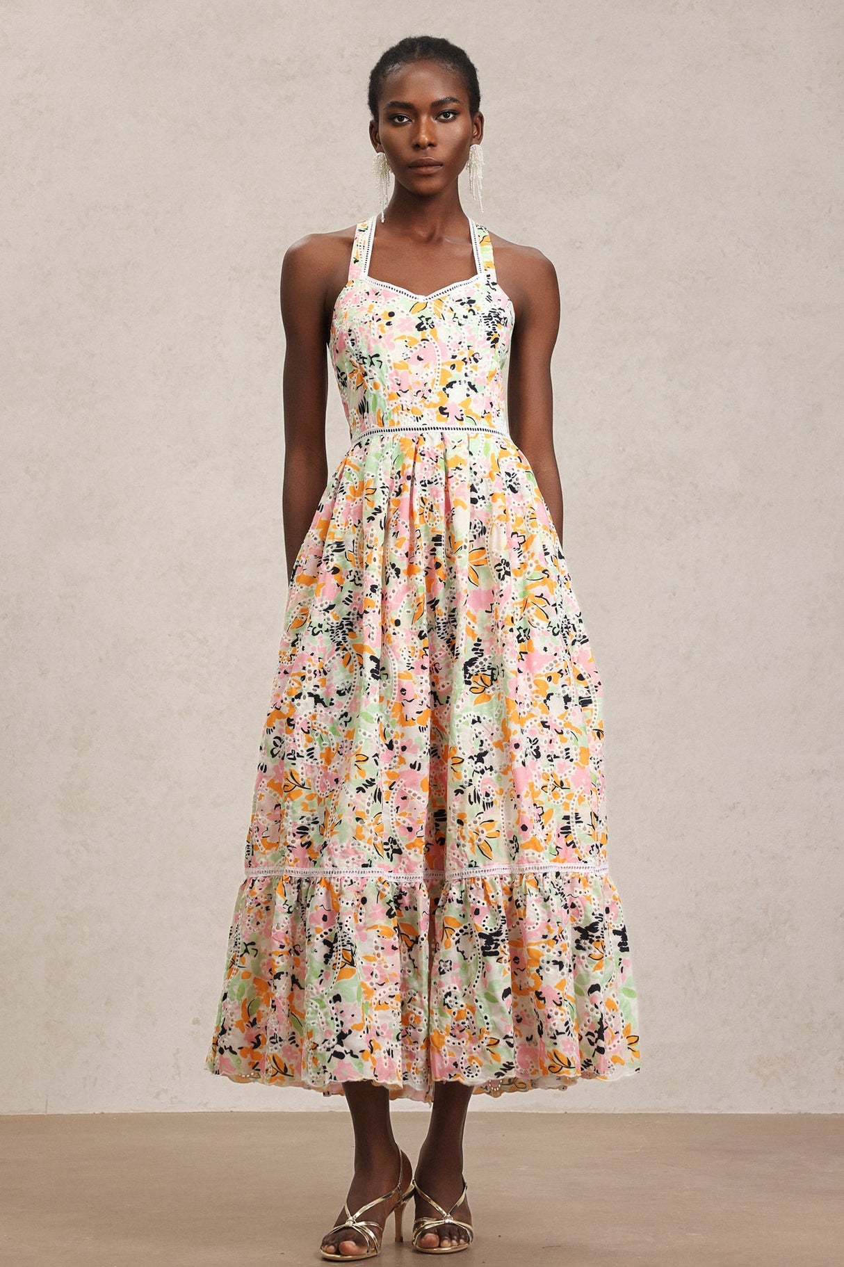 Grace Pink Floral Maxi Dress Halter Neckline Swing Silhouette Lace Detailing Elegant Comfortable Chic Versatile