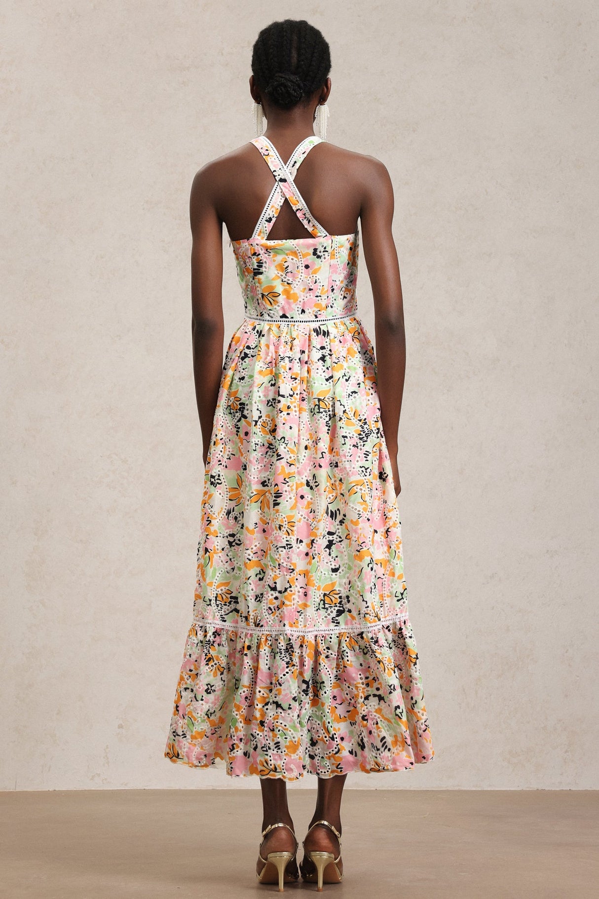 Grace Pink Floral Maxi Dress with Halter Neckline and Lace Detailing
