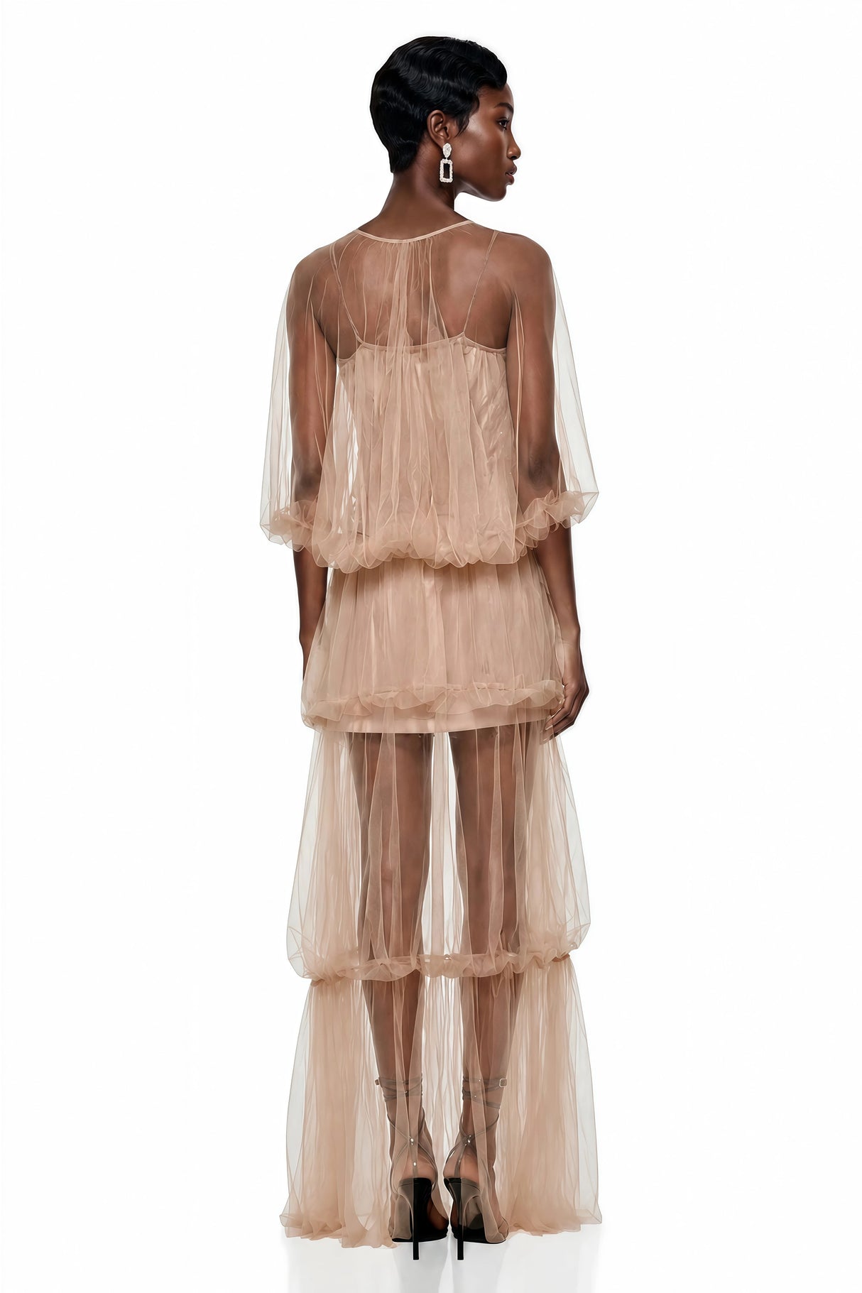Graciana Nude Asymmetrical Pleated Maxi Dress