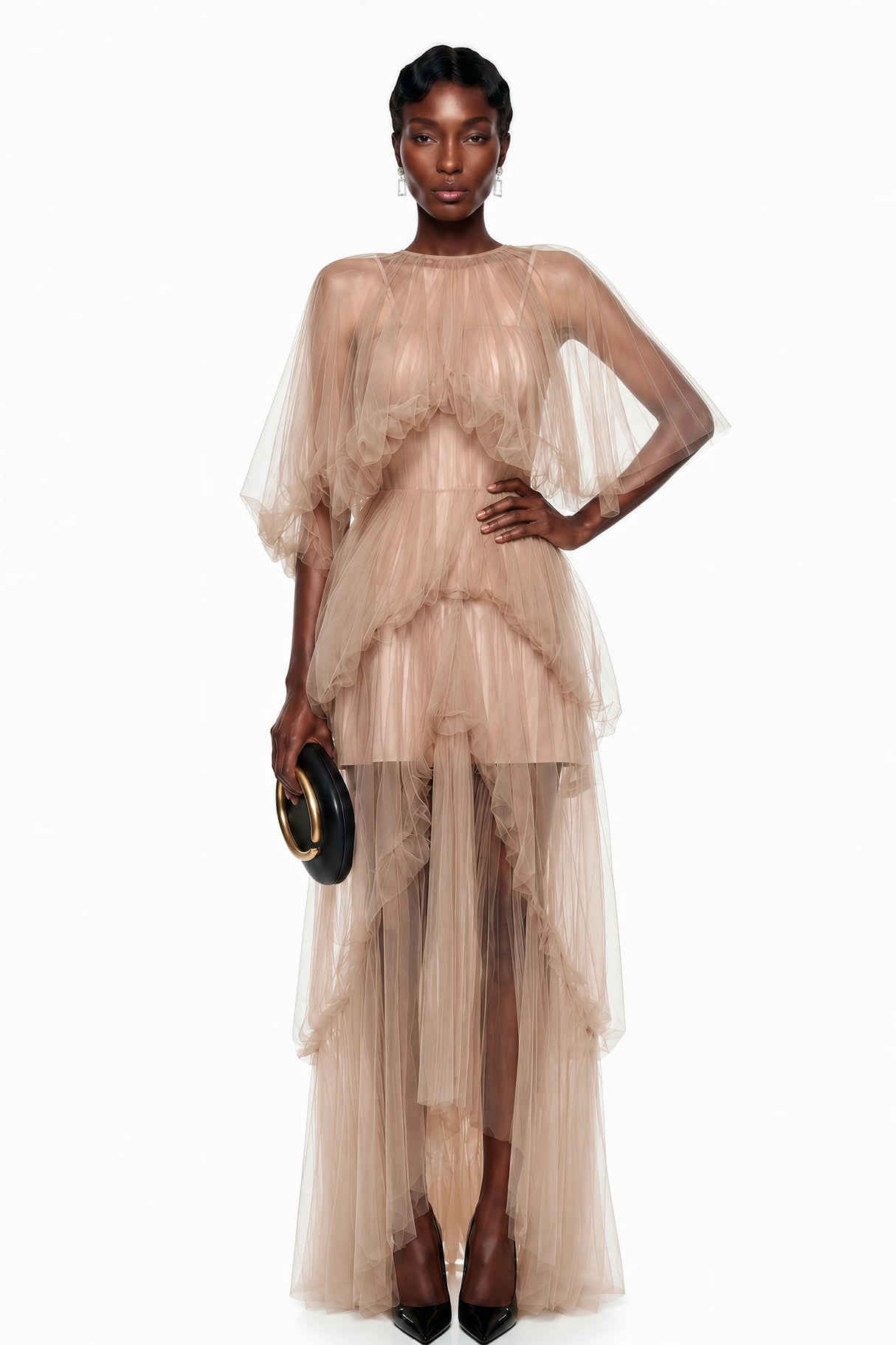 Graciana Nude Asymmetrical Pleated Maxi Dress