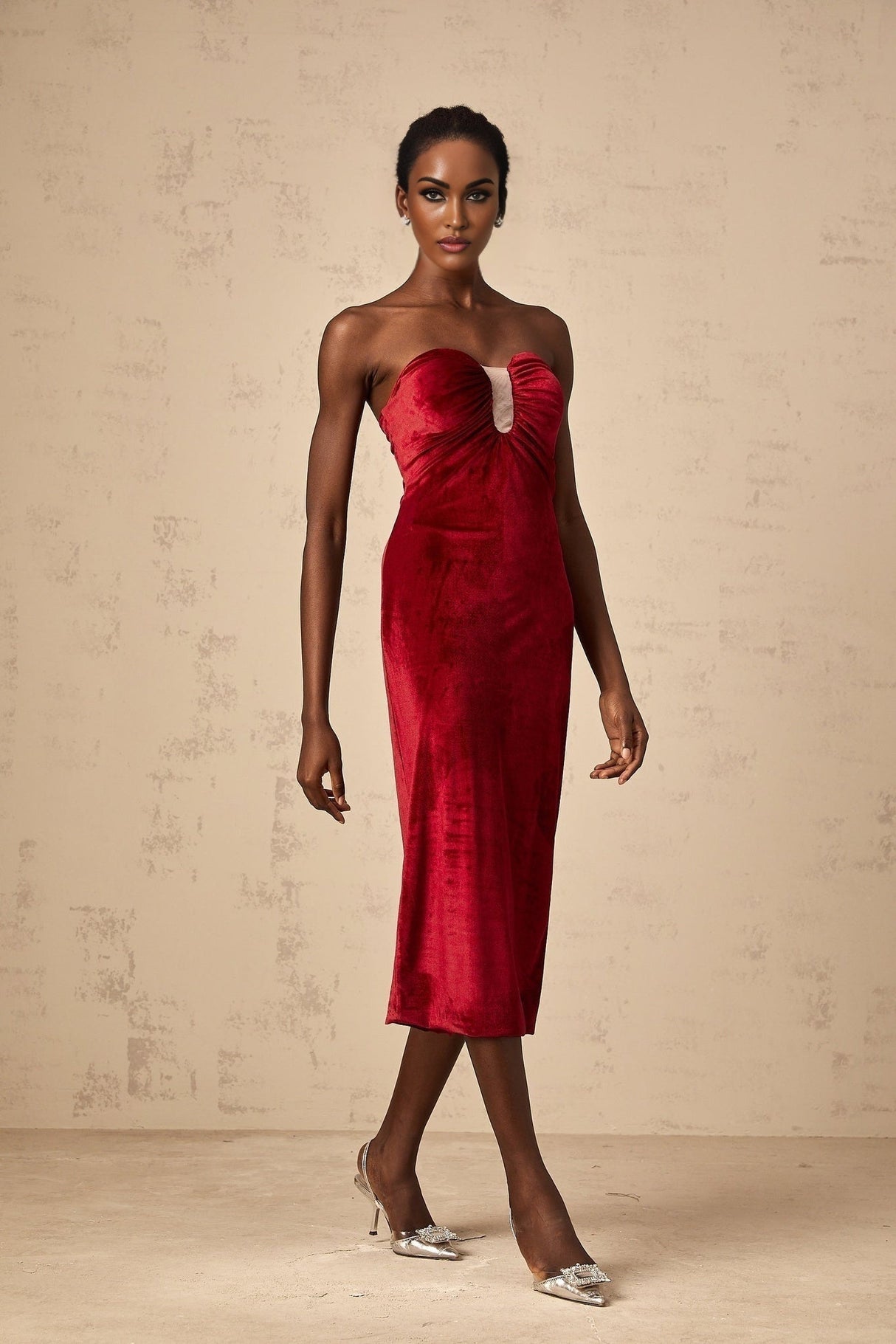 Grazia Midi Dress - Off the Shoulder Style - Sweetheart Neckline - Luxurious Velvet Finish - Rear Slit