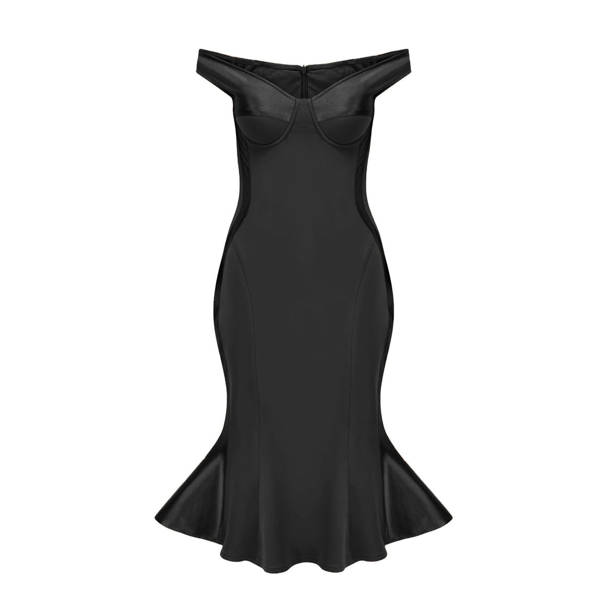 Grazia Off the Shoulder Midi Dress - Bustier Style - Waist - Tightened Design - Satin Finish - Flared Hem