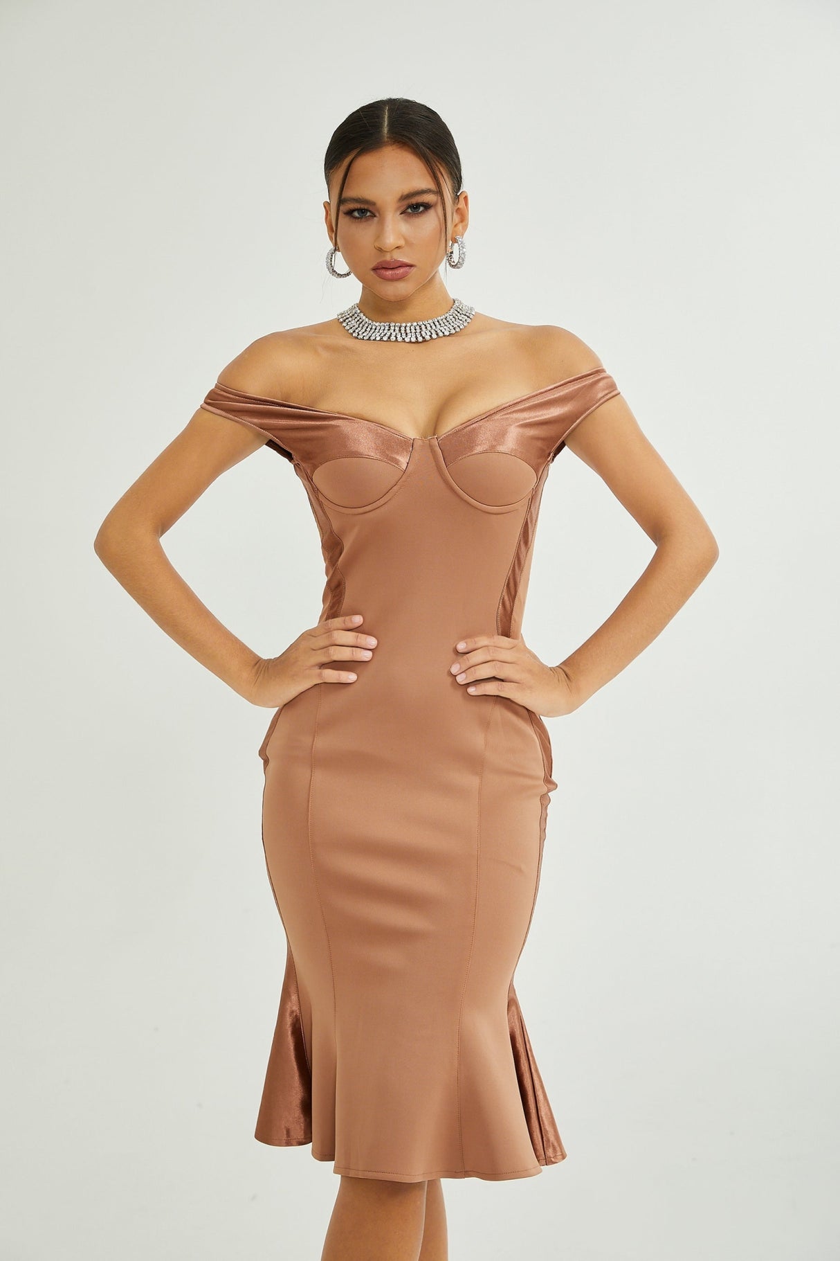 Grazia Off the Shoulder Midi Dress - Bustier Style - Waist - Tightened Design - Satin Finish - Flared Hem