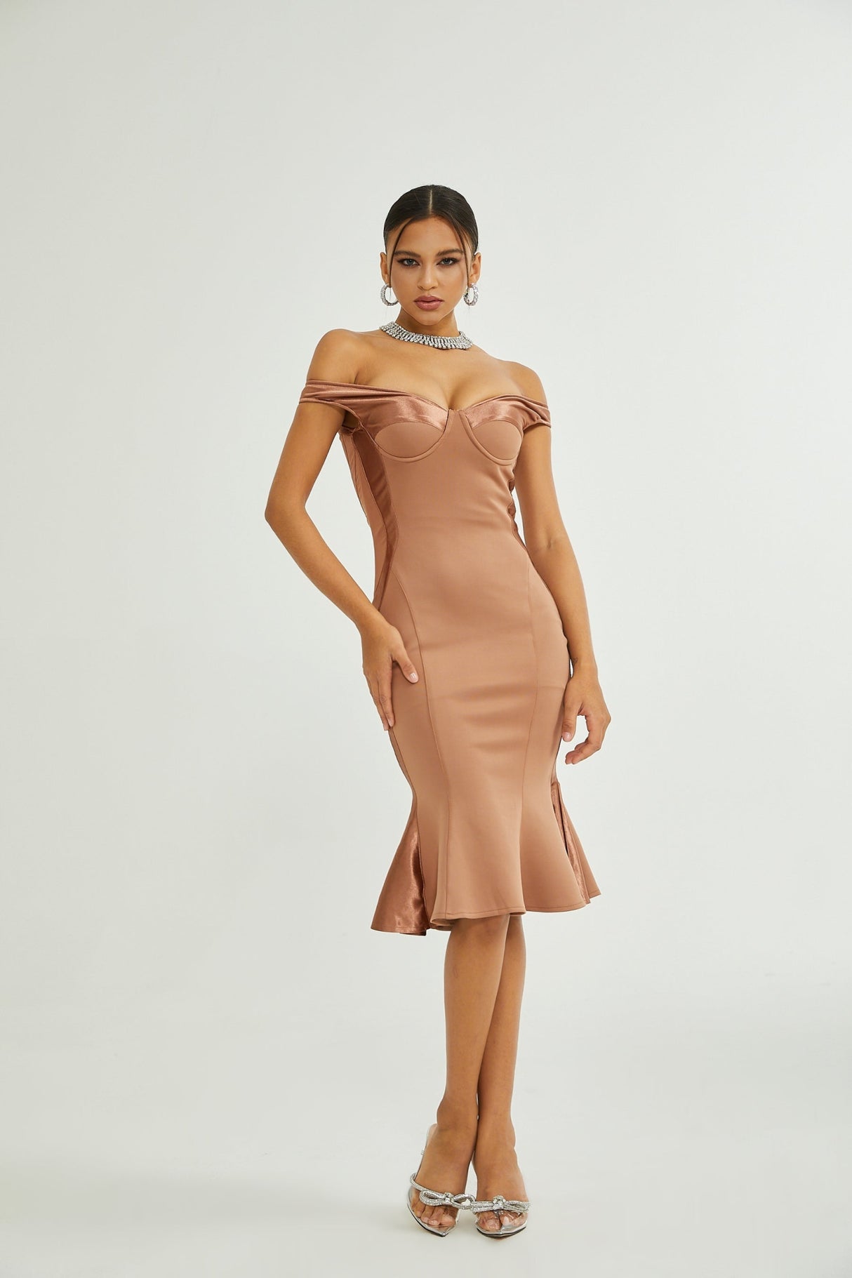 Grazia Off the Shoulder Midi Dress - Bustier Style - Waist - Tightened Design - Satin Finish - Flared Hem