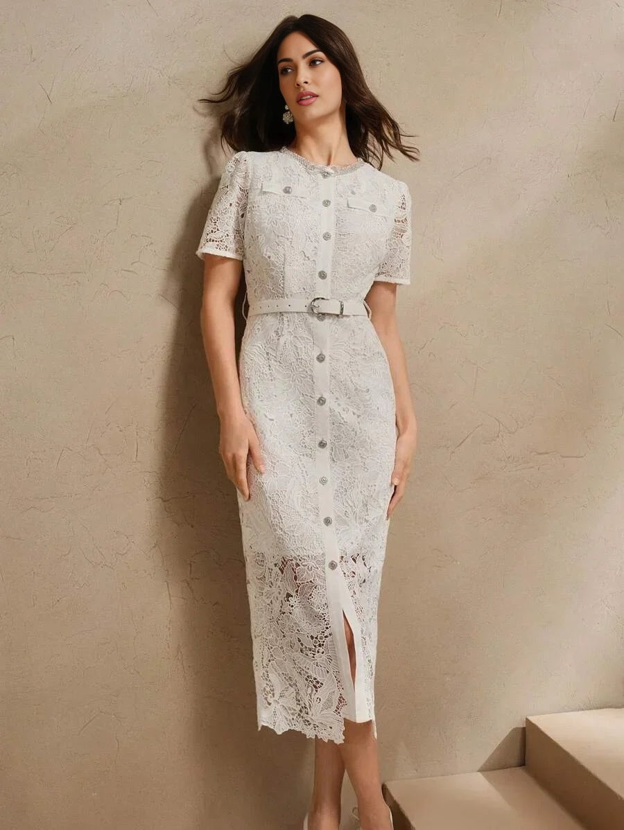 Graziana Midi Dress - Elegant Style - High Waist - Belted - Knitted Fabric