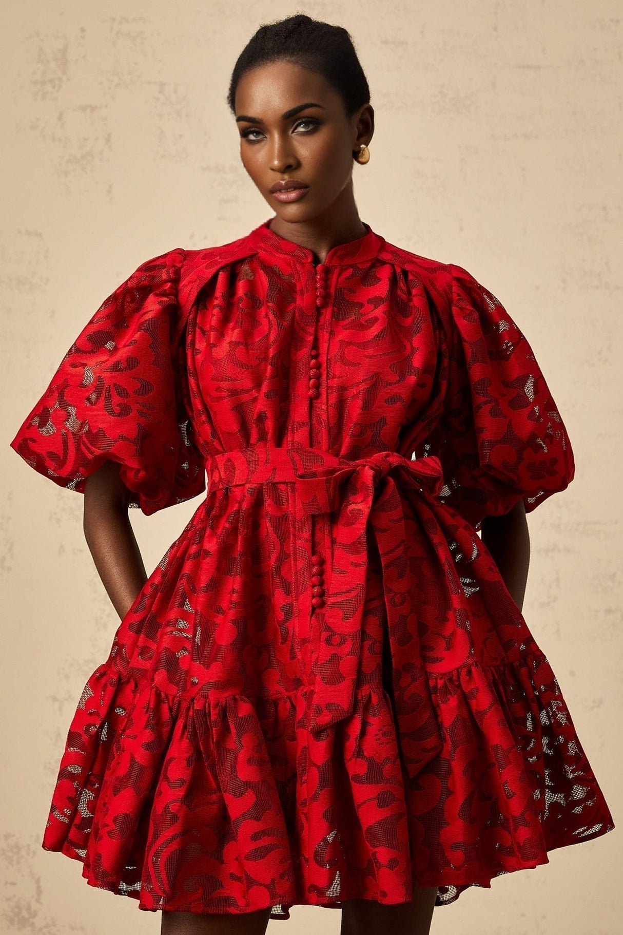 Graziana Mini Dress - Crew Neck - Puff Sleeves - Jacquard Pattern - Tied Waist