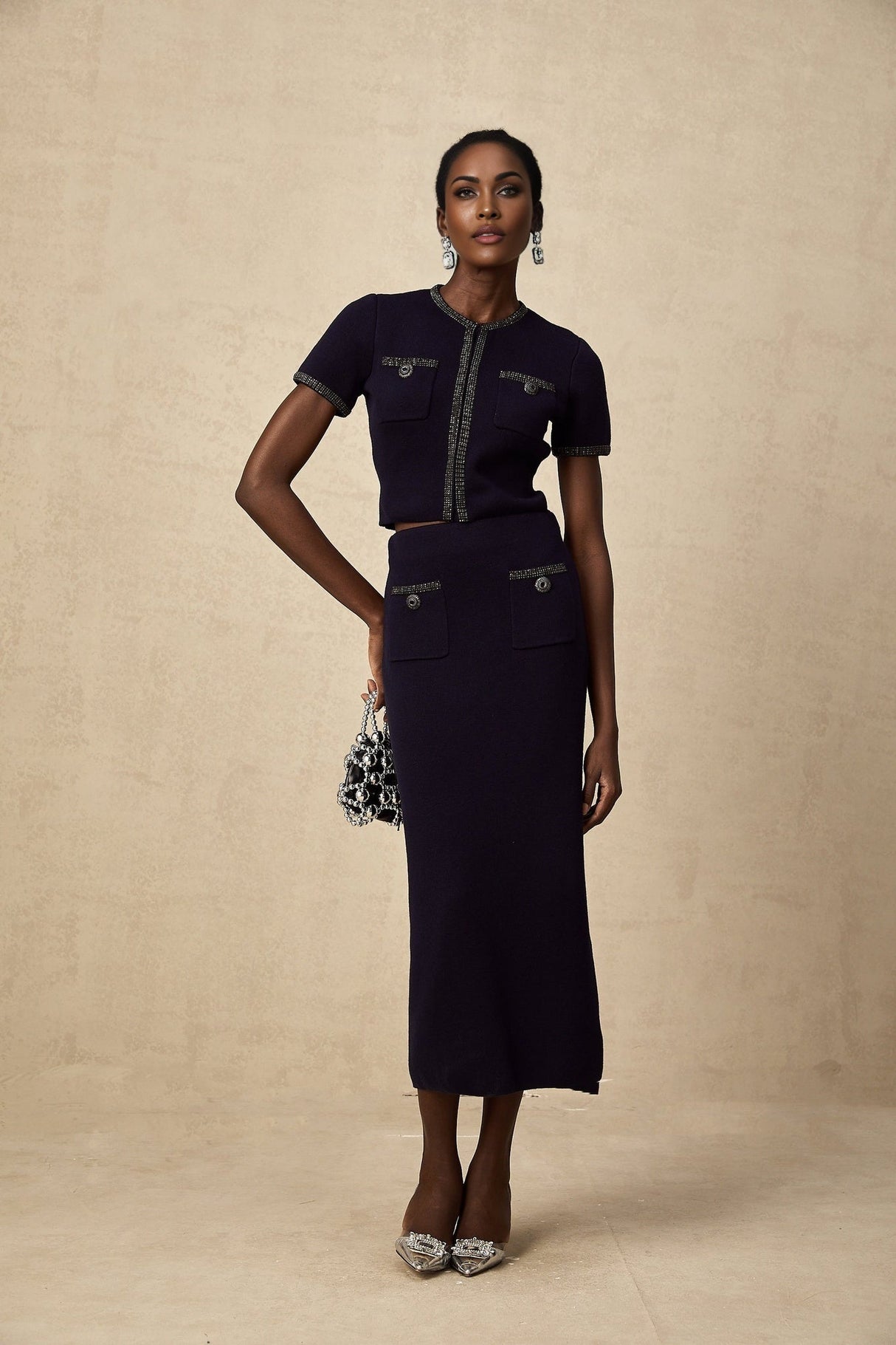 Graziana Skirt & Top Set - Wool - Blend - Crystal Embellishments - Front Patch Pockets - Midi Length