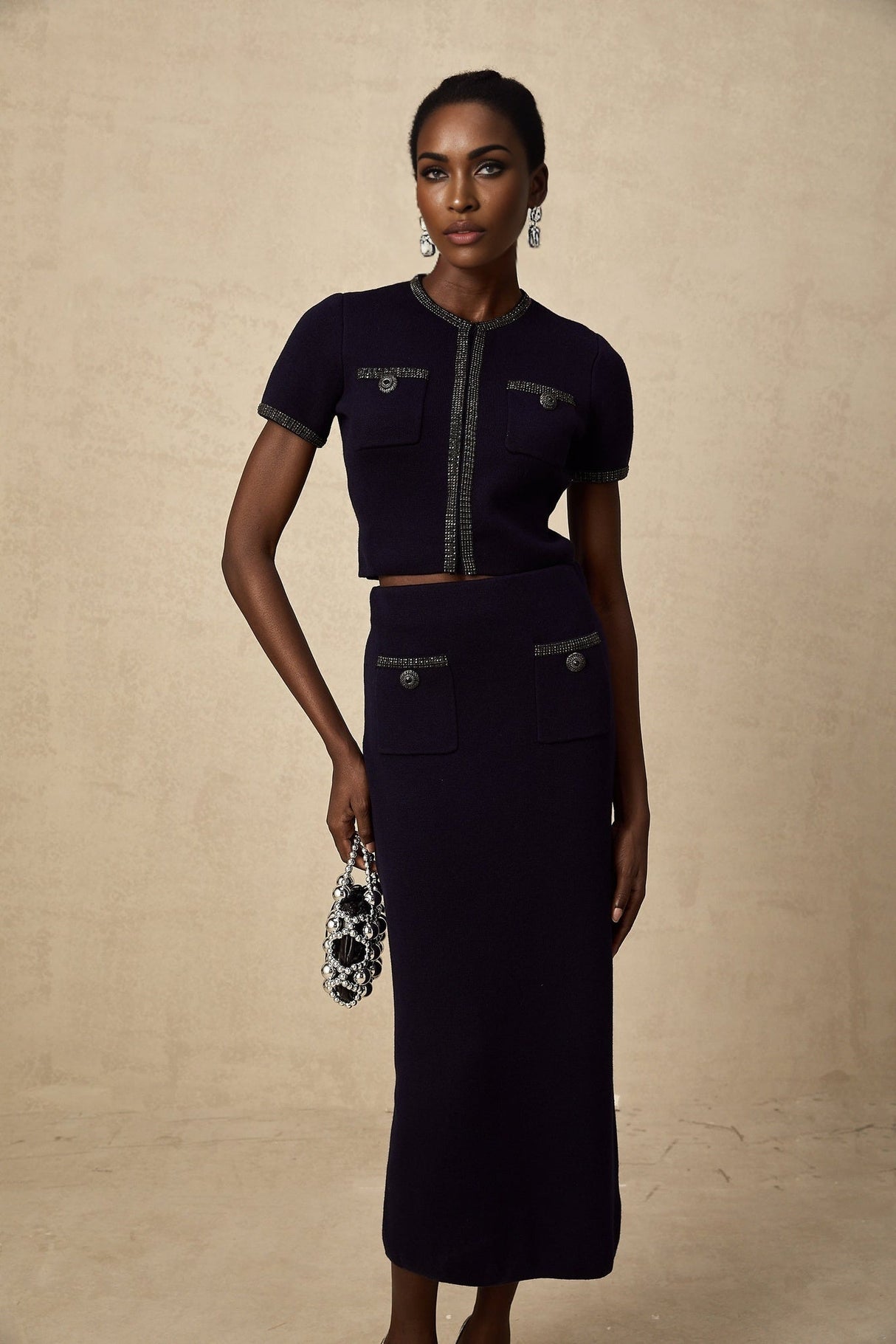 Graziana Skirt & Top Set - Wool - Blend - Crystal Embellishments - Front Patch Pockets - Midi Length