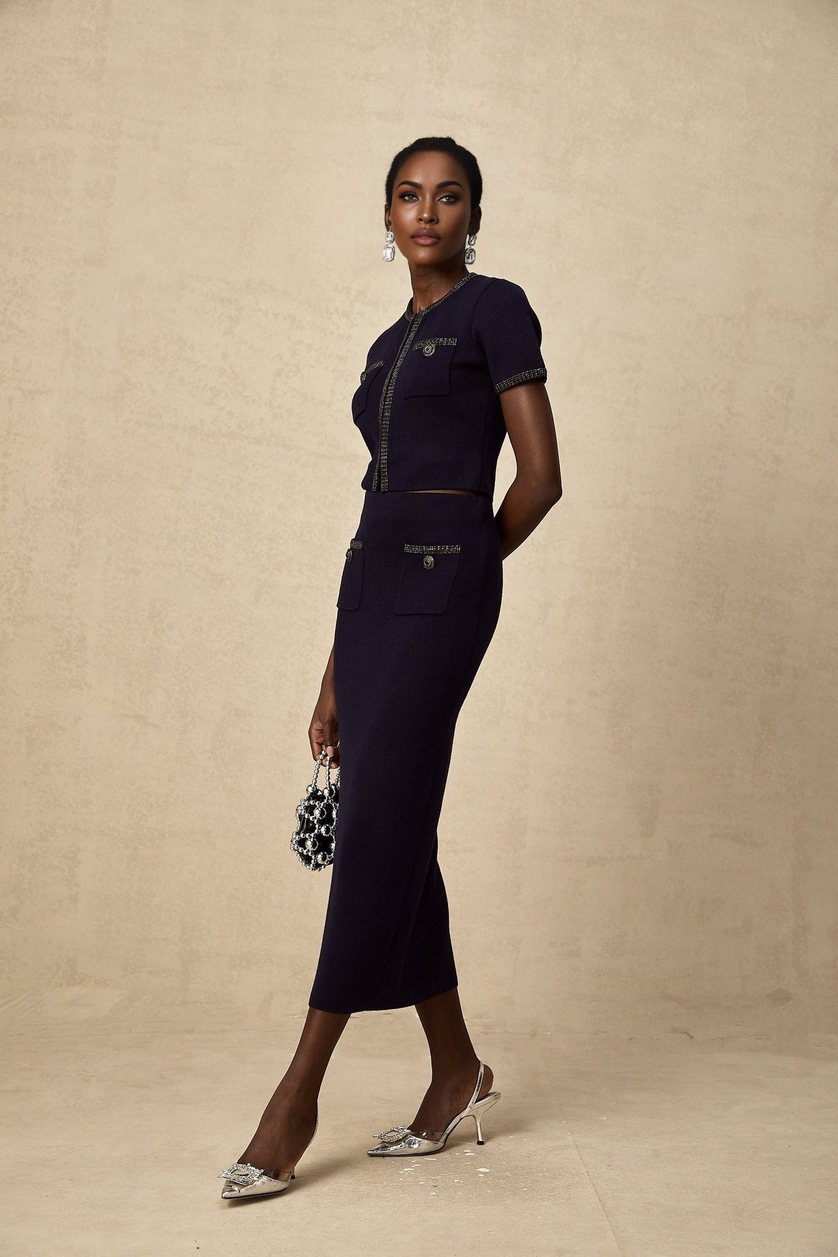 Graziana Skirt & Top Set - Wool - Blend - Crystal Embellishments - Front Patch Pockets - Midi Length