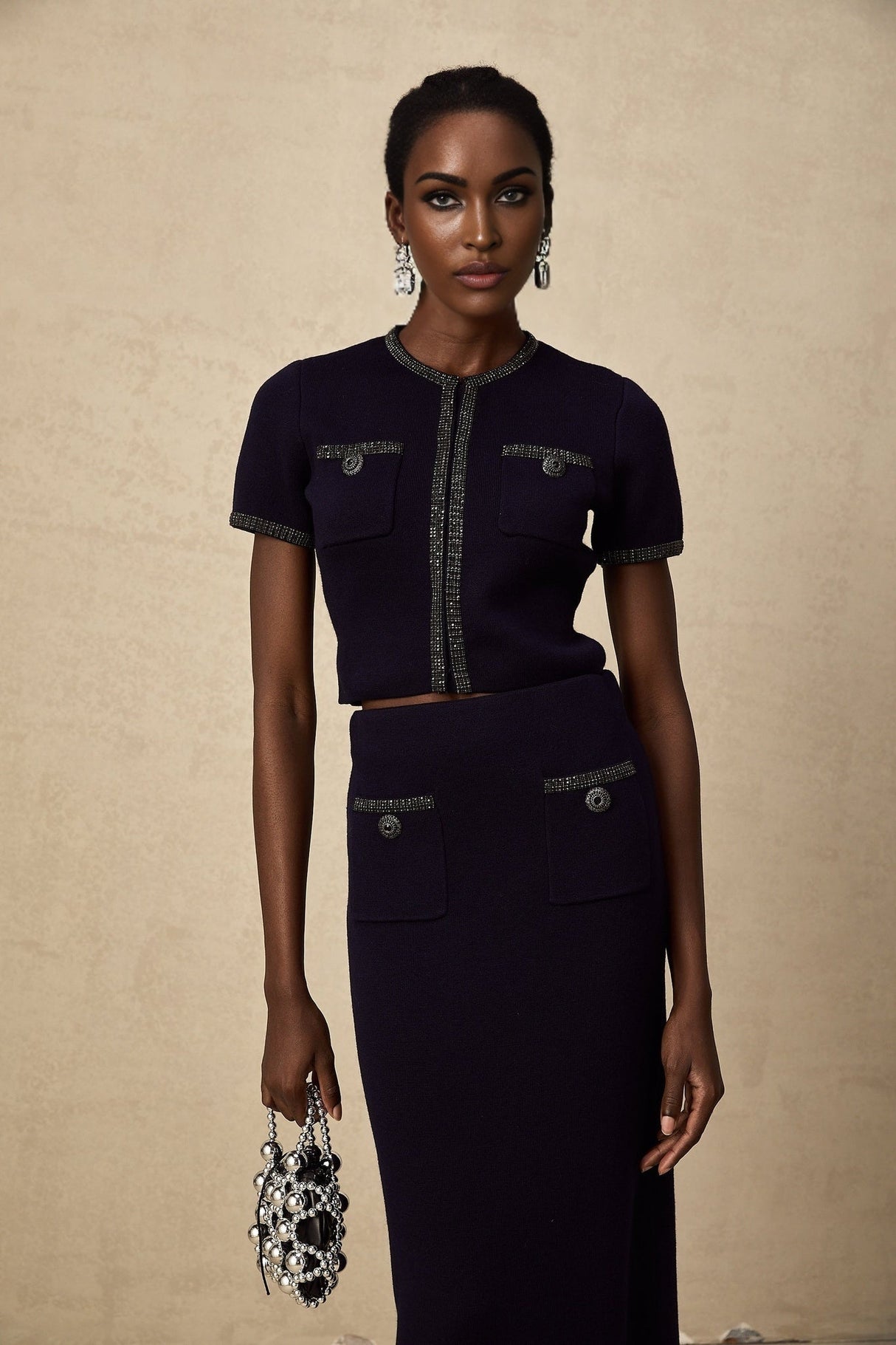 Graziana Skirt & Top Set - Wool - Blend - Crystal Embellishments - Front Patch Pockets - Midi Length