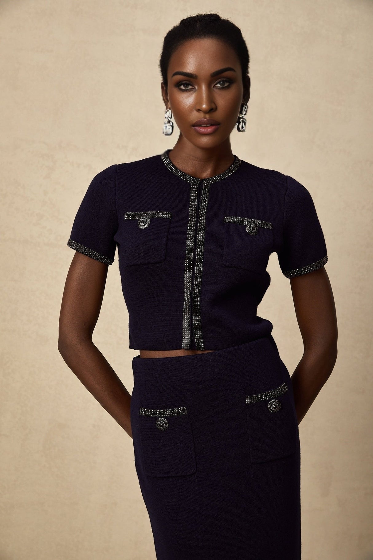 Graziana Skirt & Top Set - Wool - Blend - Crystal Embellishments - Front Patch Pockets - Midi Length