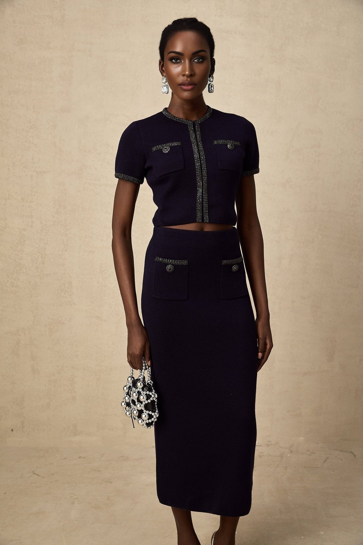 Graziana Skirt & Top Set - Wool - Blend - Crystal Embellishments - Front Patch Pockets - Midi Length