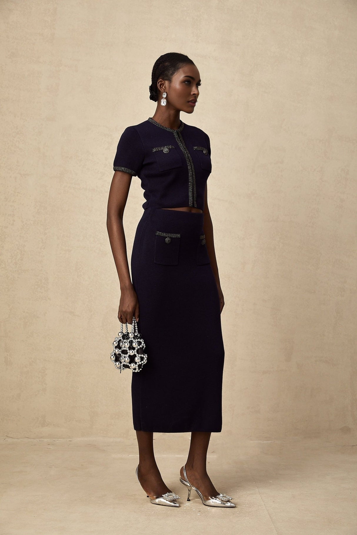 Graziana Skirt & Top Set - Wool - Blend - Crystal Embellishments - Front Patch Pockets - Midi Length