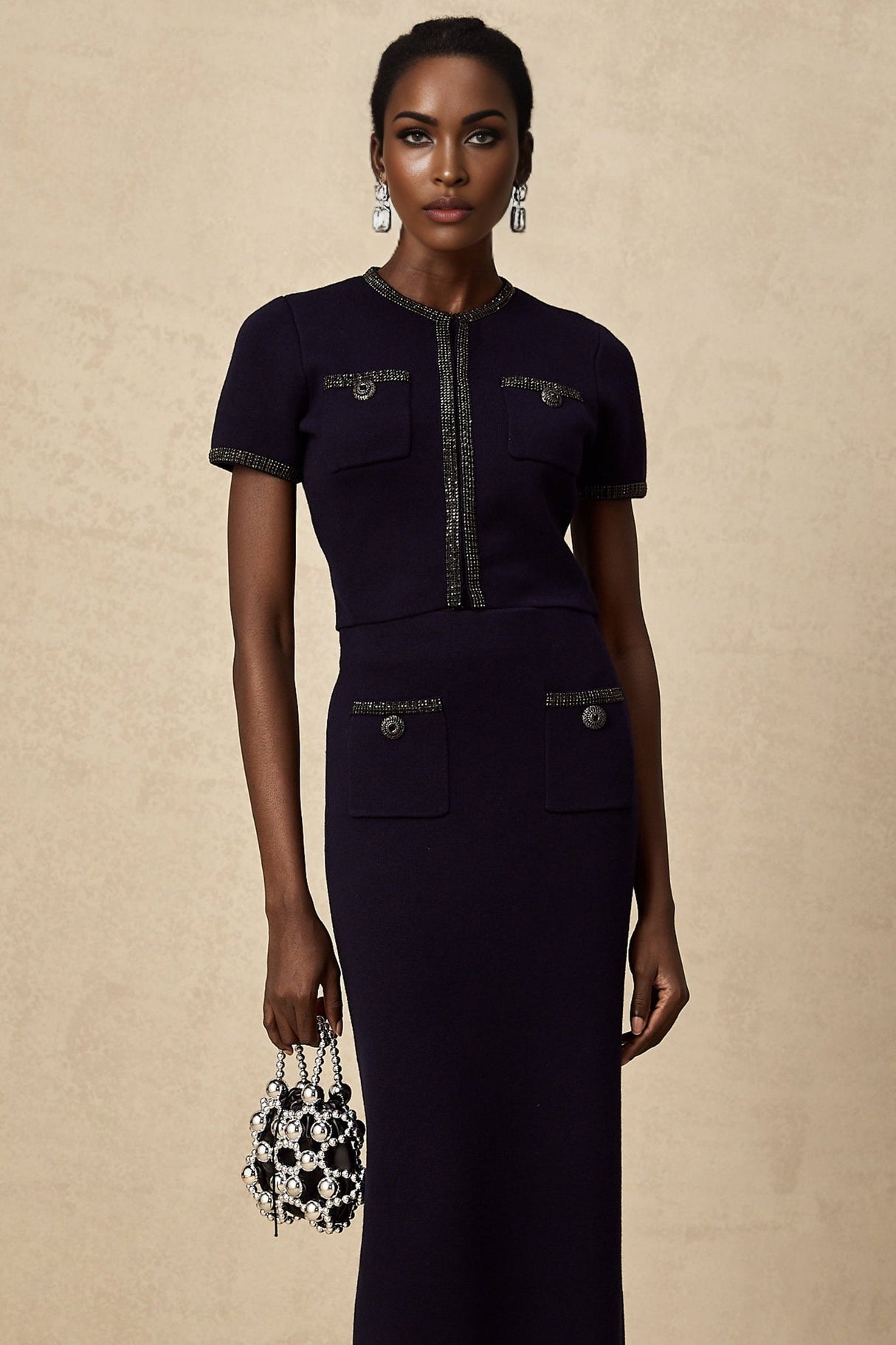 Graziana Skirt & Top Set - Wool - Blend - Crystal Embellishments - Front Patch Pockets - Midi Length