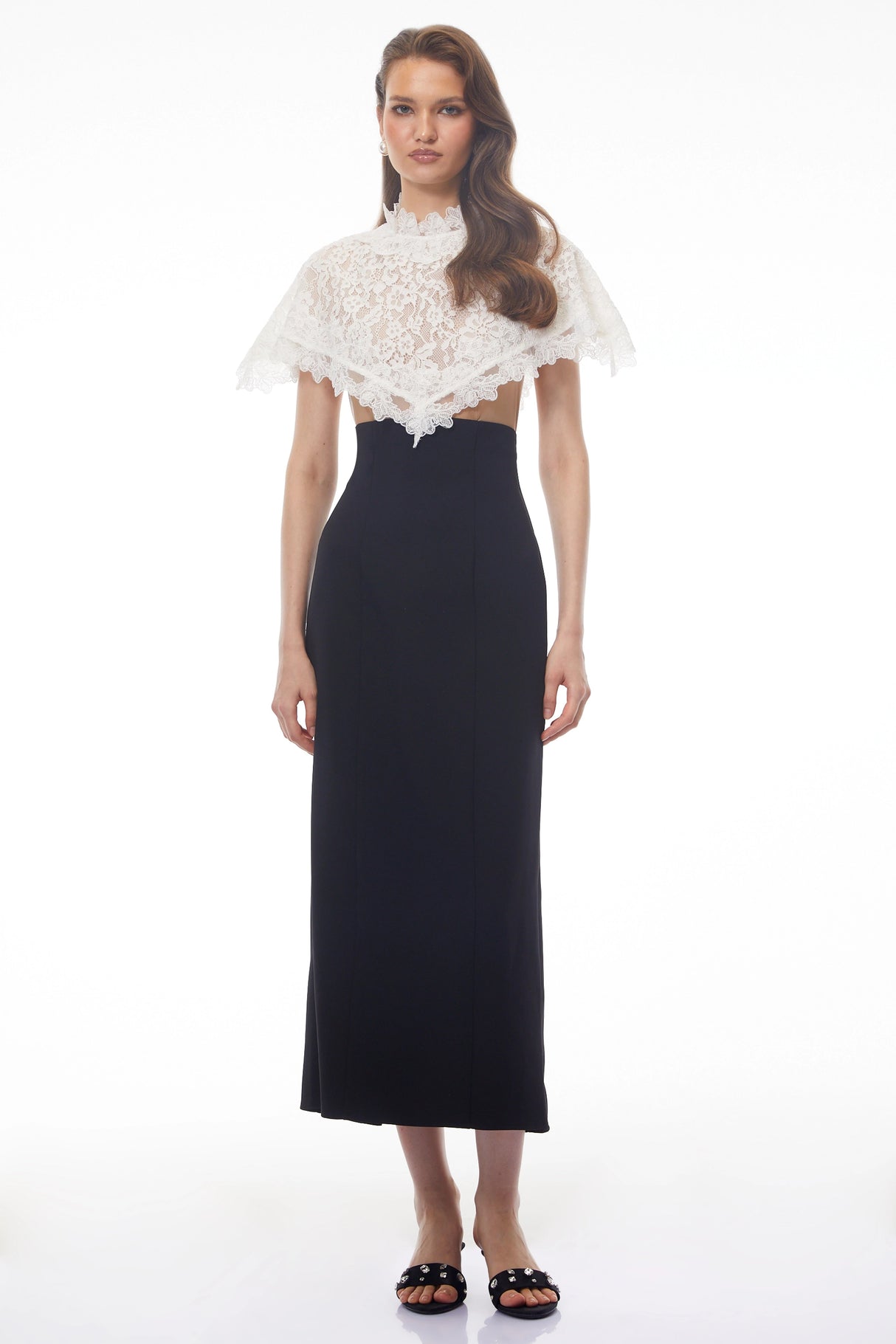 Greta Black Round Neck Lace Cape Maxi Dress