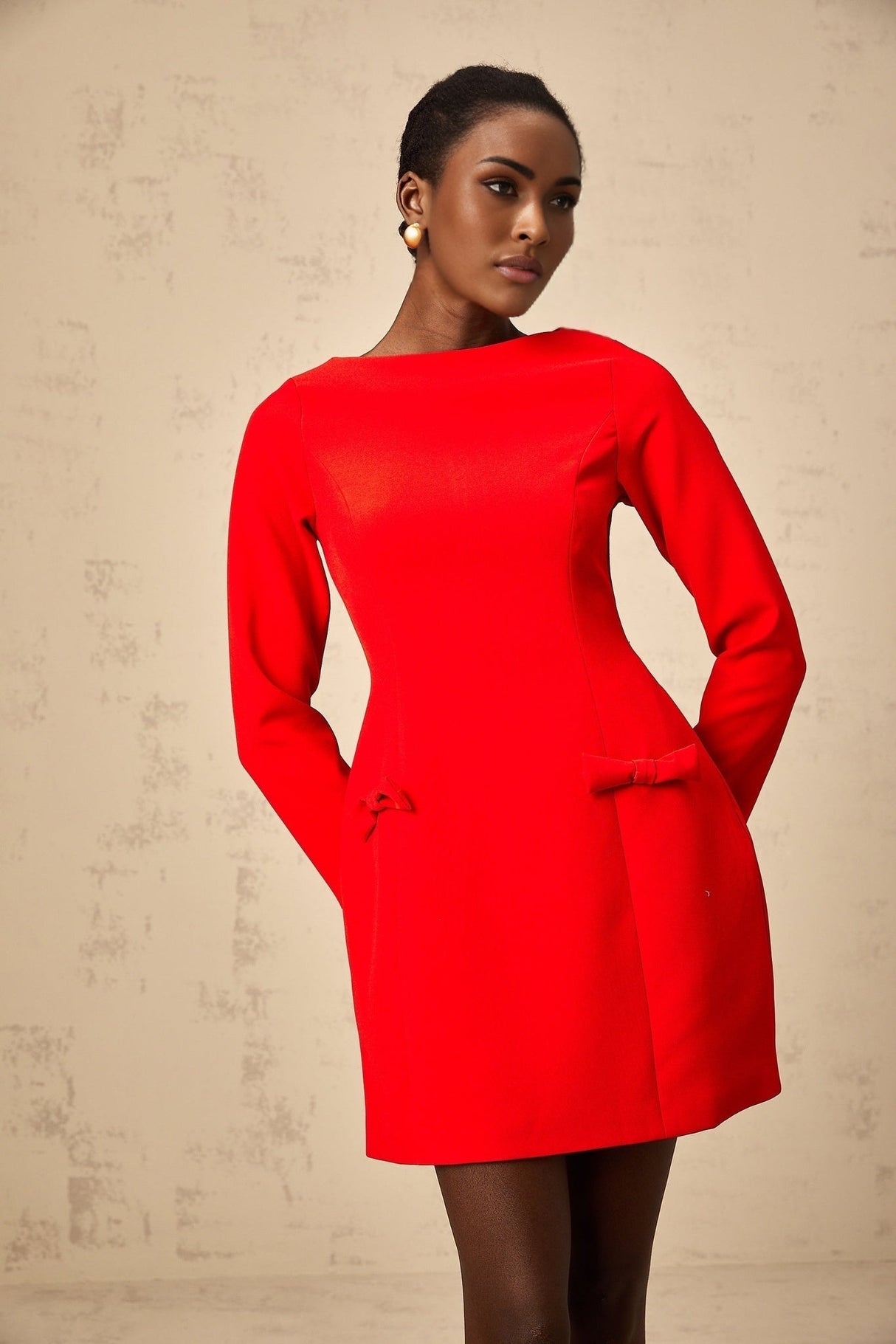 Greta Mini Dress - Bateau Neck - Long Sleeves - Bowknot Detailing - Fitted Waistline - Flared Skirt