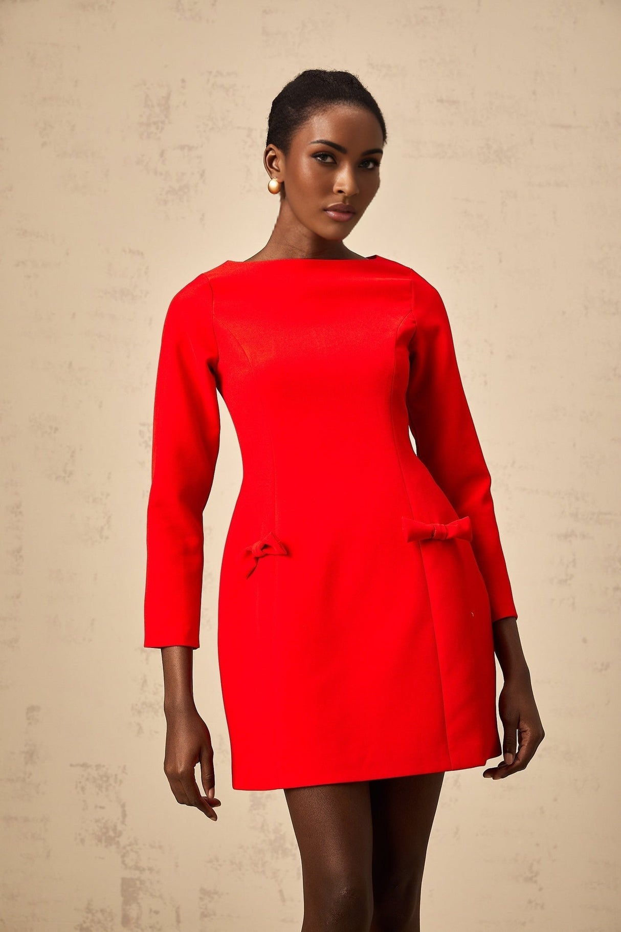 Greta Mini Dress - Bateau Neck - Long Sleeves - Bowknot Detailing - Fitted Waistline - Flared Skirt