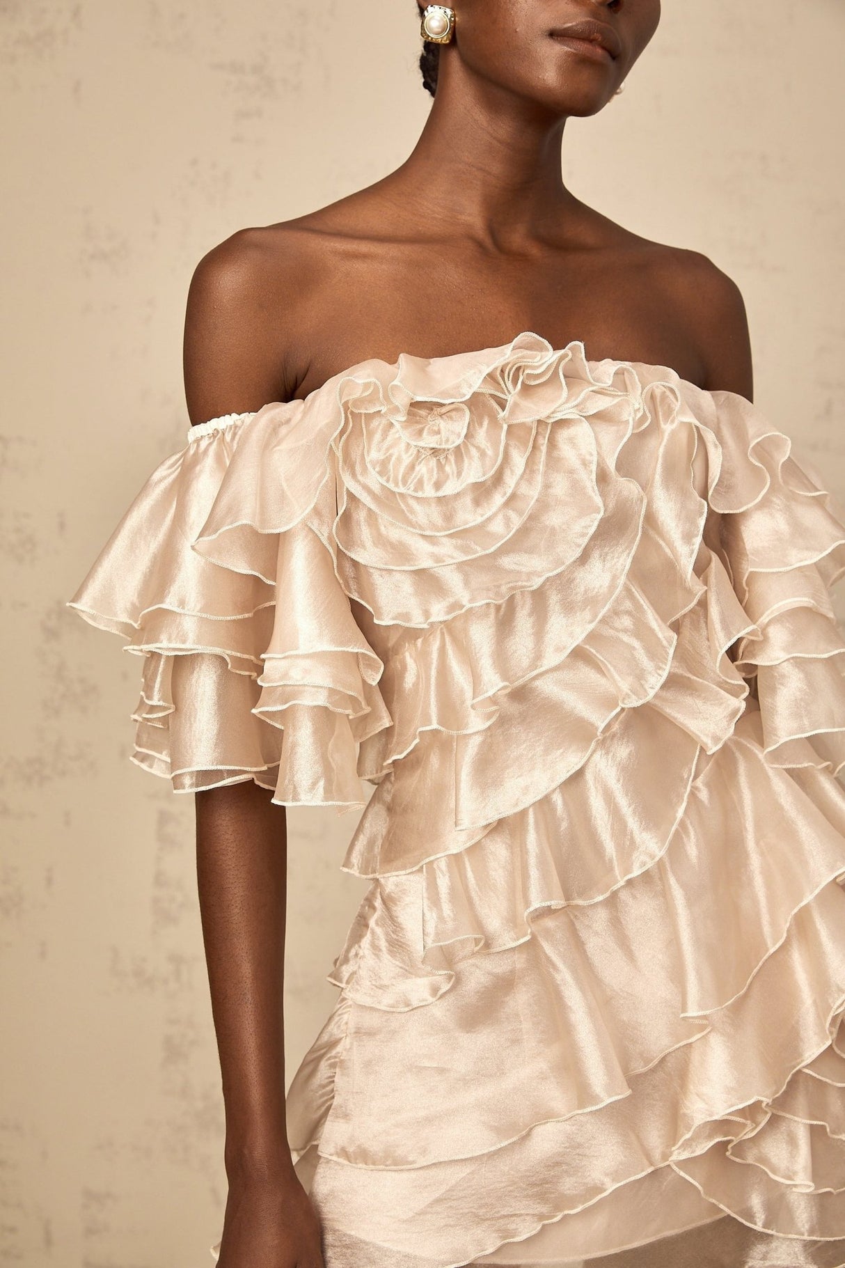 Greta Mini Dress – Off the Shoulder – Fully Ruffled – Floral Appliqué