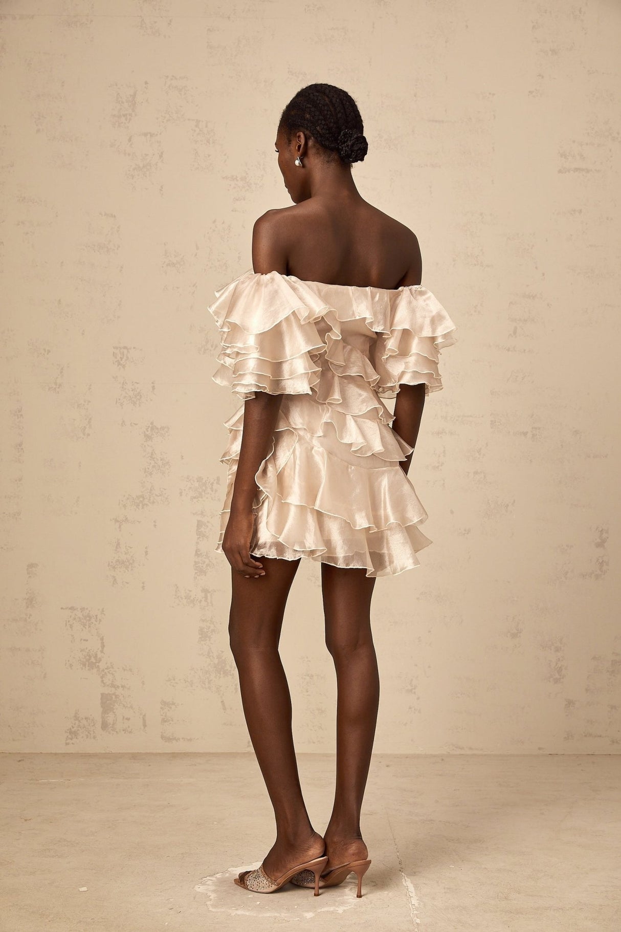 Greta Mini Dress – Off the Shoulder – Fully Ruffled – Floral Appliqué