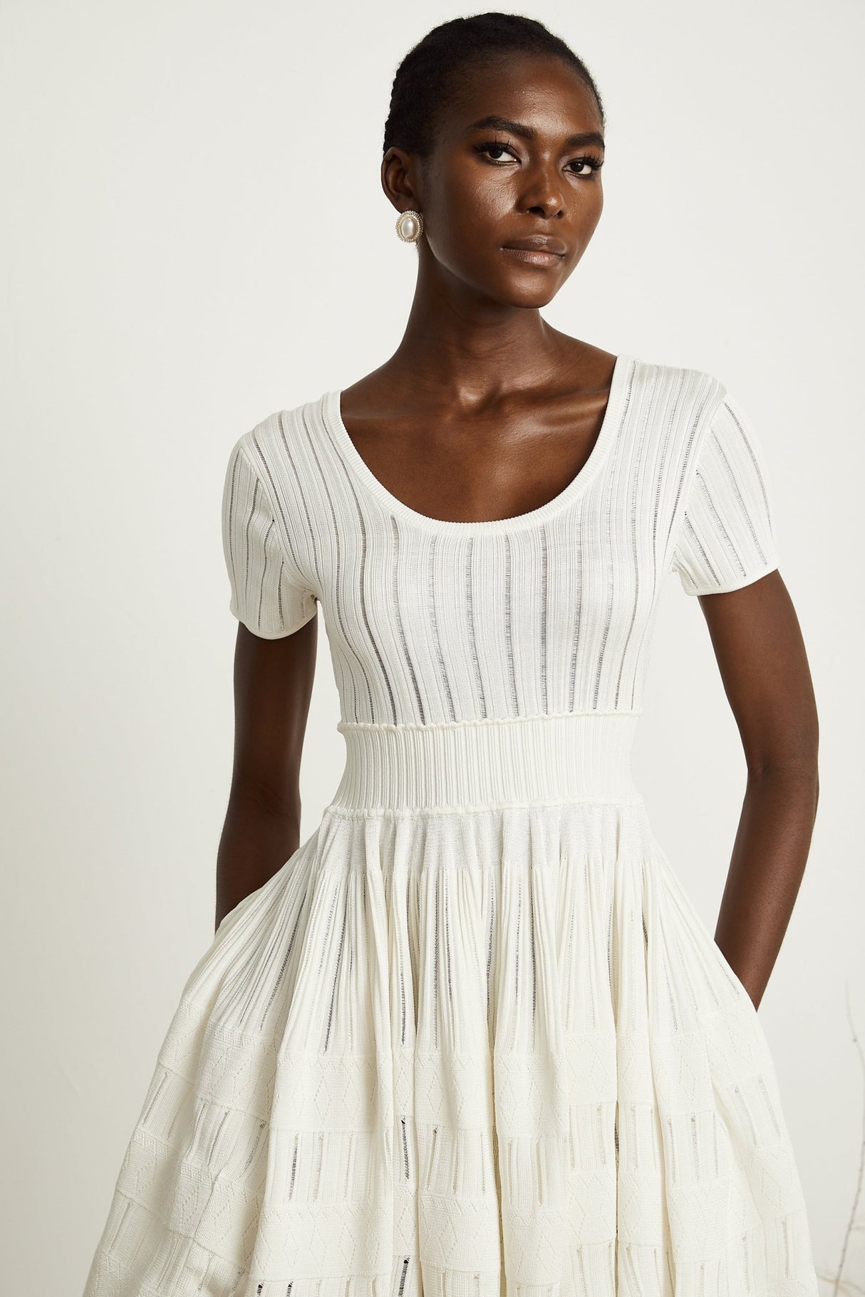 Greta Mini Dress - Short Sleeve - U Neck - Fitted Waistline - Pleated Design