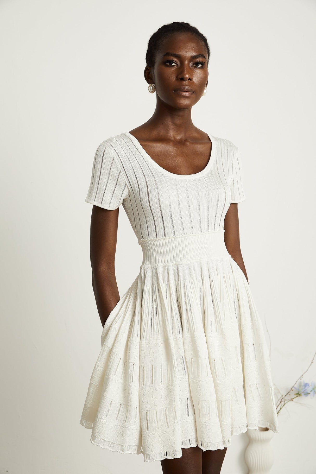 Greta Mini Dress - Short Sleeve - U Neck - Fitted Waistline - Pleated Design
