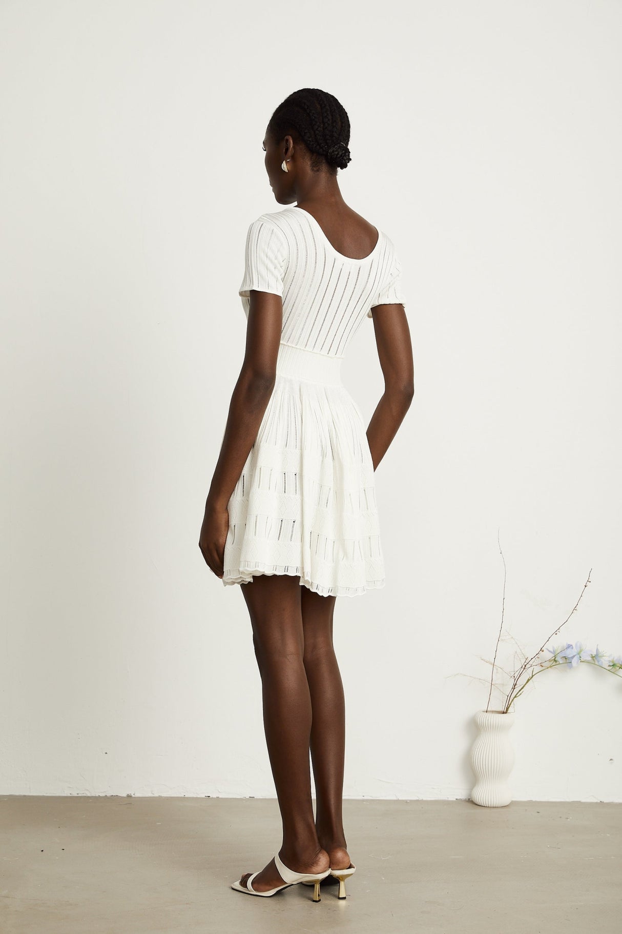 Greta Mini Dress - Short Sleeve - U Neck - Fitted Waistline - Pleated Design