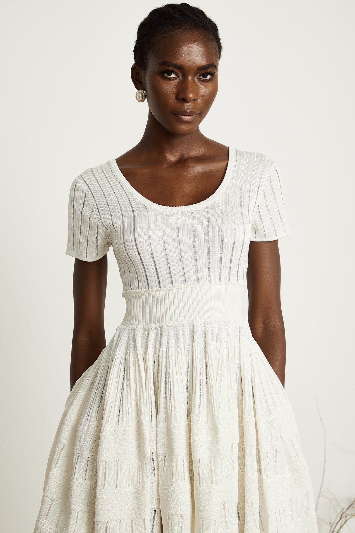 Greta Mini Dress - Short Sleeve - U Neck - Fitted Waistline - Pleated Design