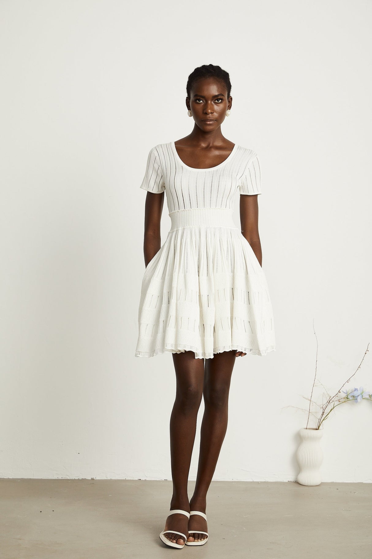 Greta Mini Dress - Short Sleeve - U Neck - Fitted Waistline - Pleated Design