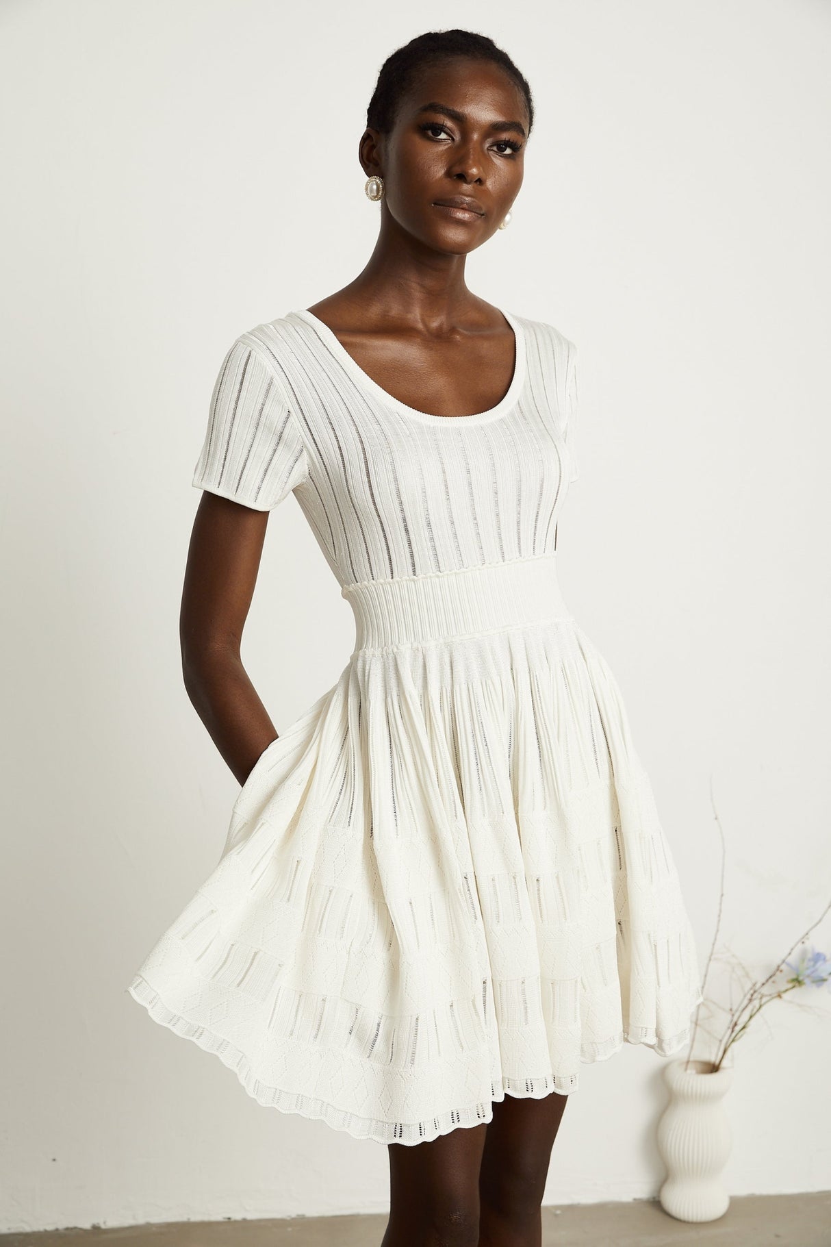 Greta Mini Dress - Short Sleeve - U Neck - Fitted Waistline - Pleated Design