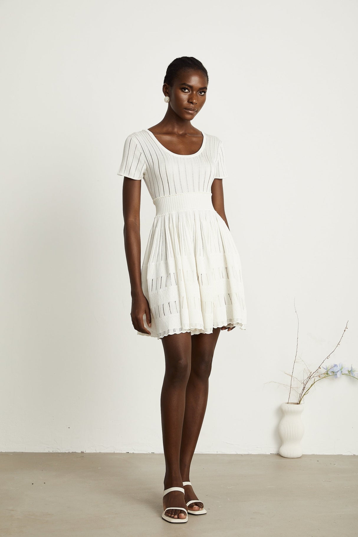 Greta Mini Dress - Short Sleeve - U Neck - Fitted Waistline - Pleated Design