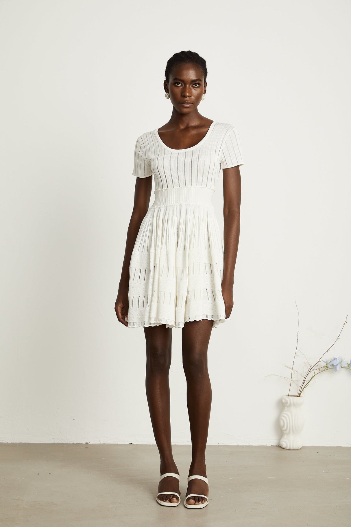 Greta Mini Dress - Short Sleeve - U Neck - Fitted Waistline - Pleated Design