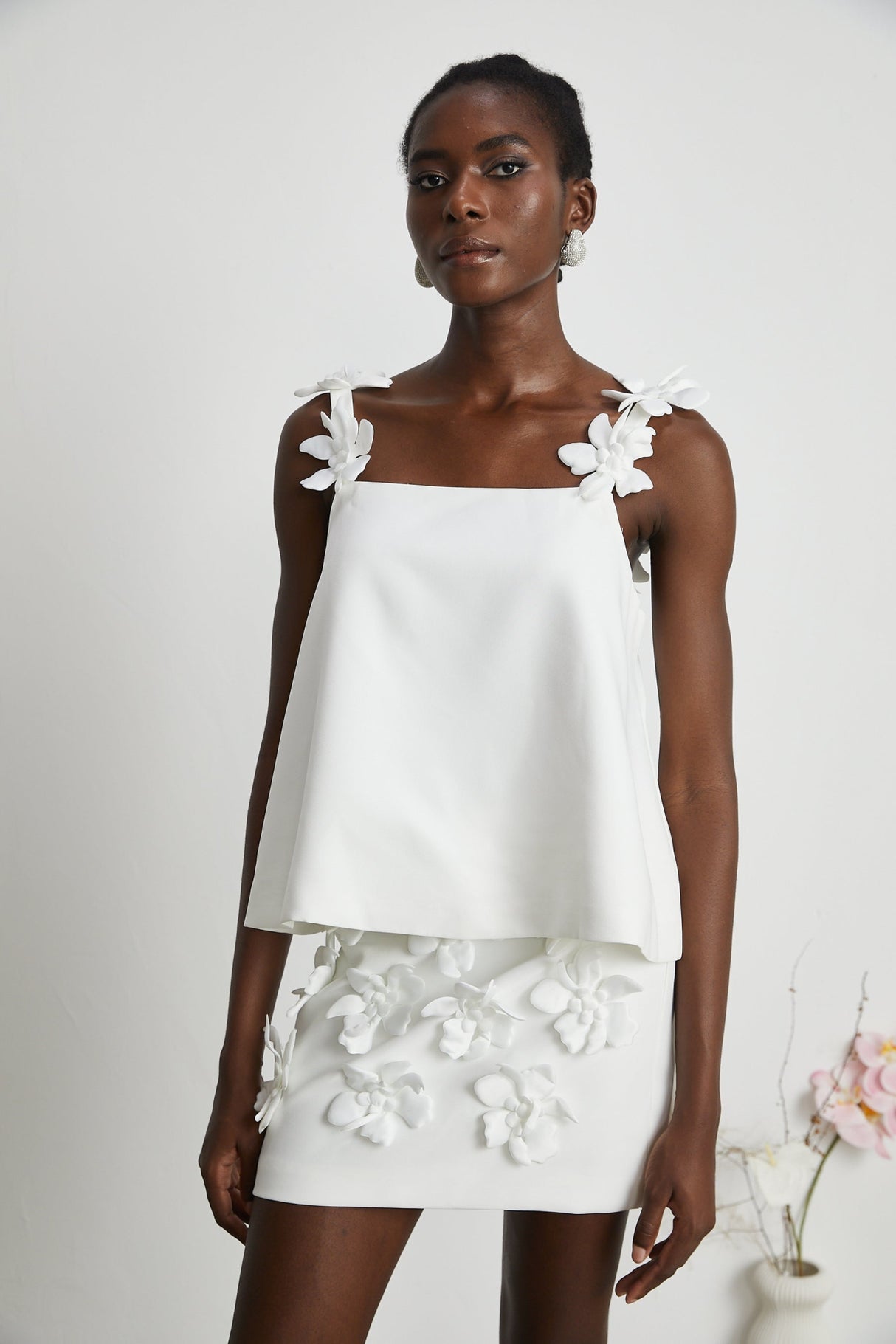 Greta Skirt & Top Set - Square Neck - Sleeveless - Faux - floral embellishment - Thigh length