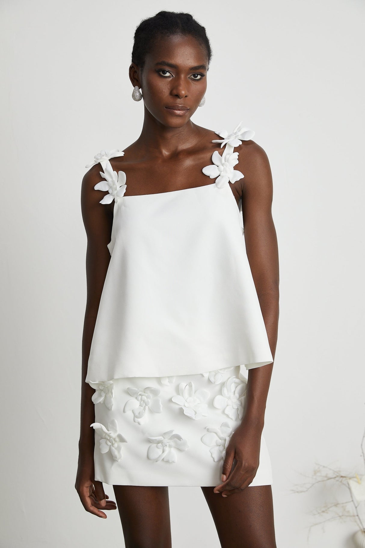 Greta Skirt & Top Set - Square Neck - Sleeveless - Faux - floral embellishment - Thigh length