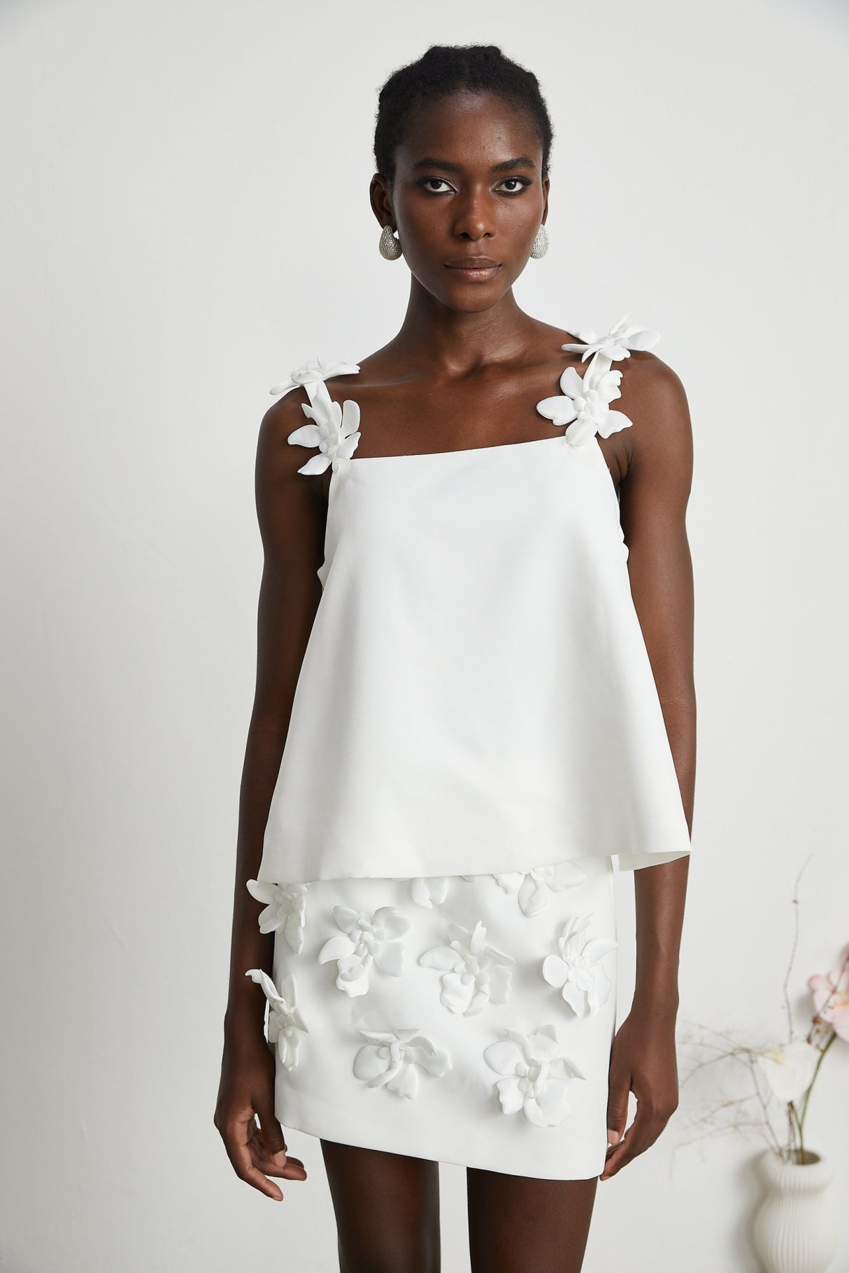 Greta Skirt & Top Set - Square Neck - Sleeveless - Faux - floral embellishment - Thigh length