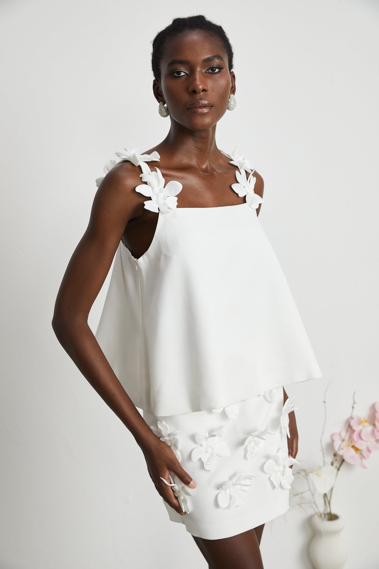 Greta Skirt & Top Set - Square Neck - Sleeveless - Faux - floral embellishment - Thigh length