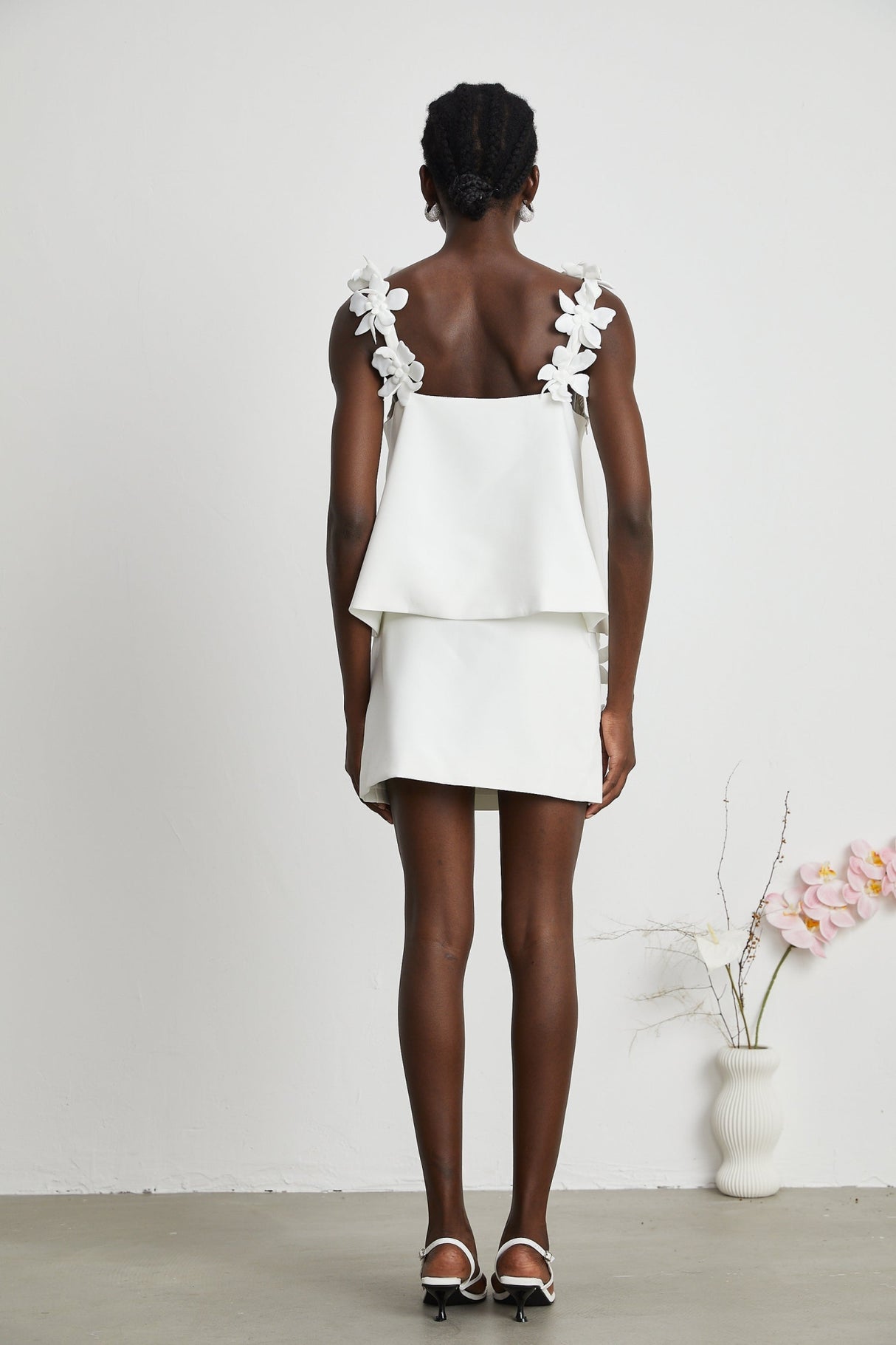 Greta Skirt & Top Set - Square Neck - Sleeveless - Faux - floral embellishment - Thigh length