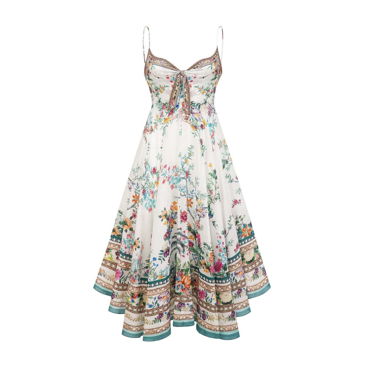 Guendalina Floral Midi Dress - Sleeveless with Spaghetti Straps - Twist Detailing - Crystal Embellished - Side Zip Fastening