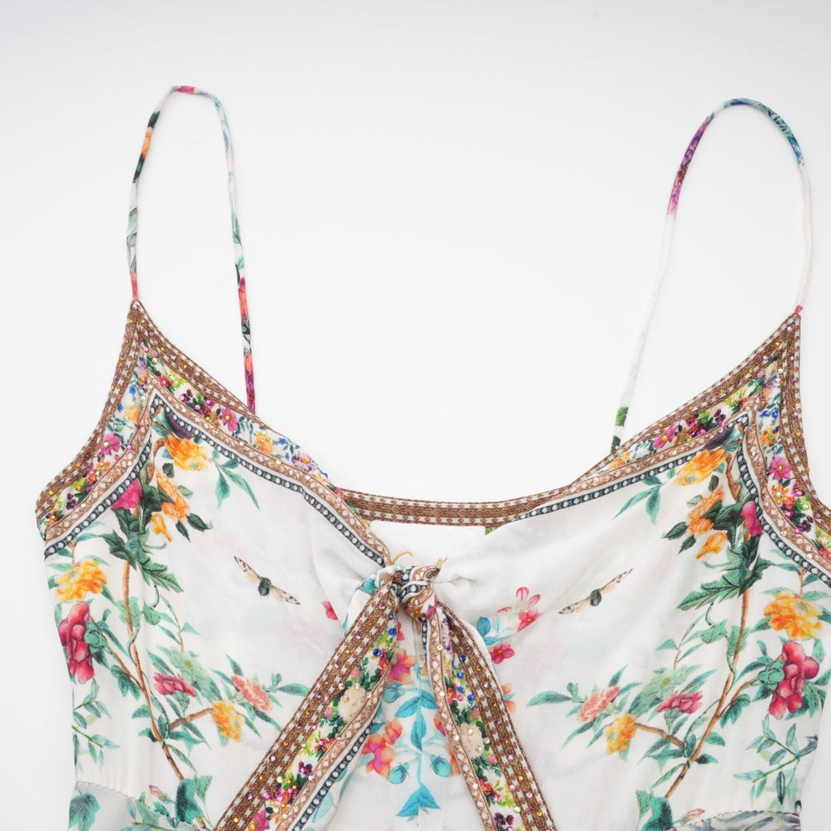 Guendalina Floral Midi Dress - Sleeveless with Spaghetti Straps - Twist Detailing - Crystal Embellished - Side Zip Fastening