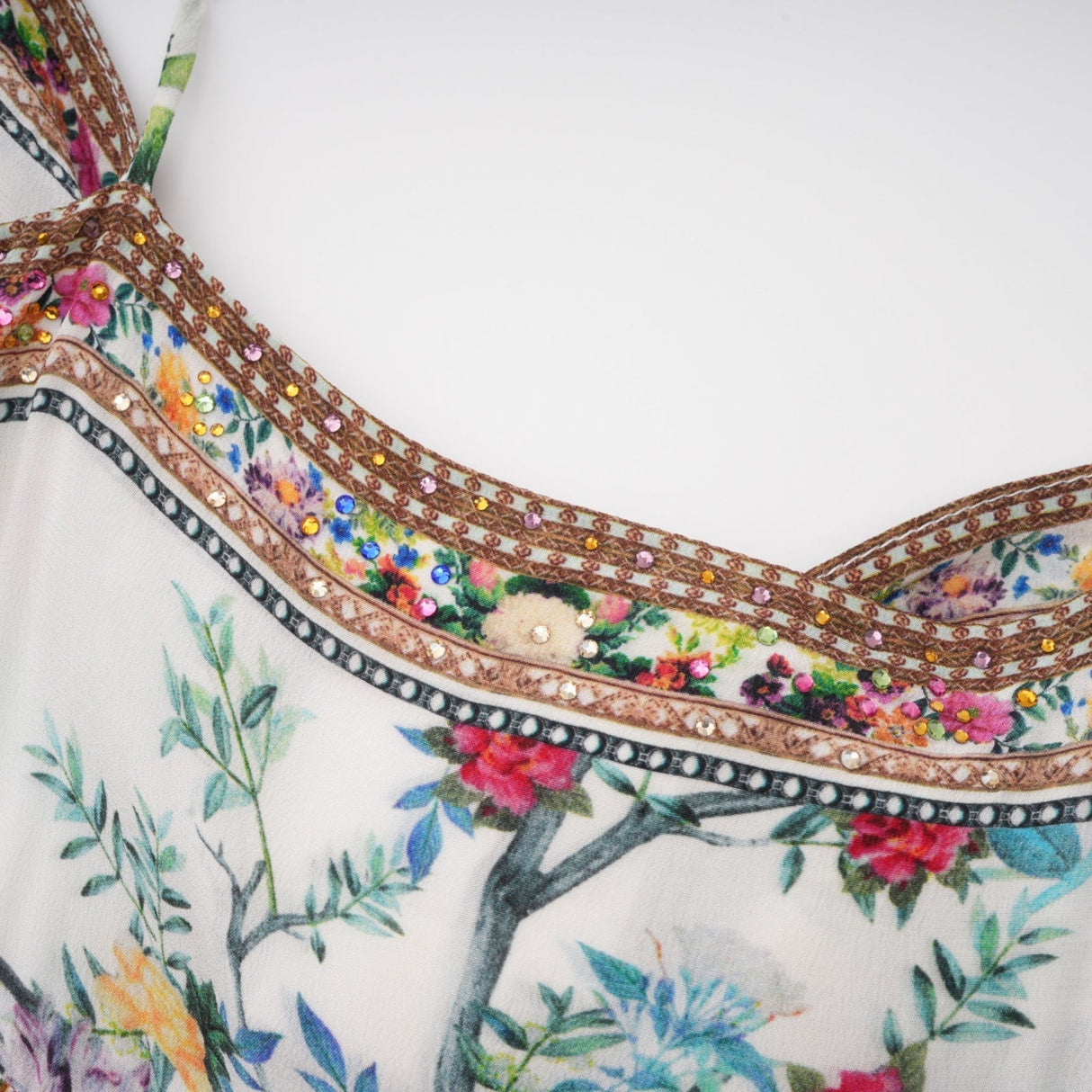 Guendalina Floral Midi Dress - Sleeveless with Spaghetti Straps - Twist Detailing - Crystal Embellished - Side Zip Fastening