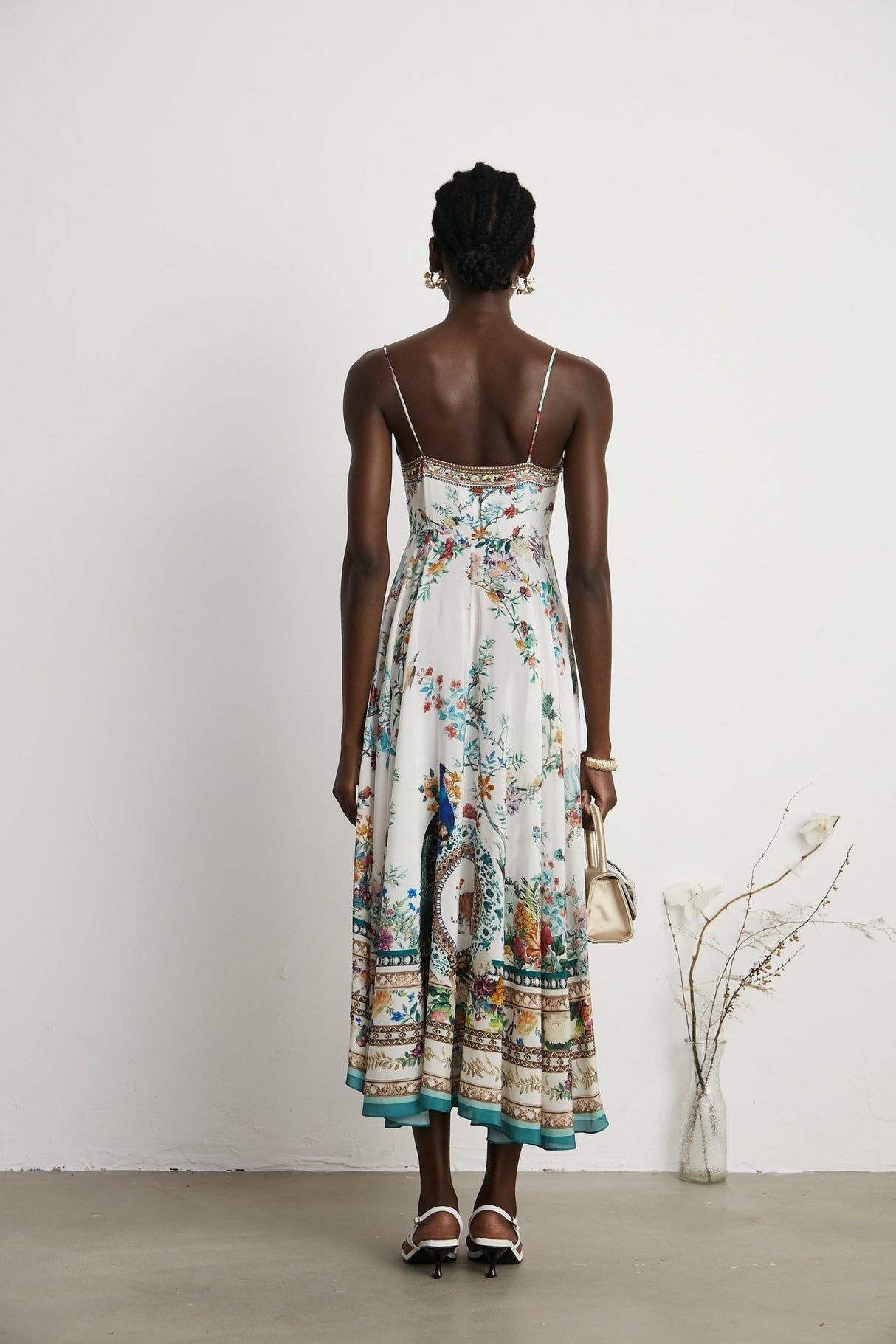 Guendalina Floral Midi Dress - Sleeveless with Spaghetti Straps - Twist Detailing - Crystal Embellished - Side Zip Fastening