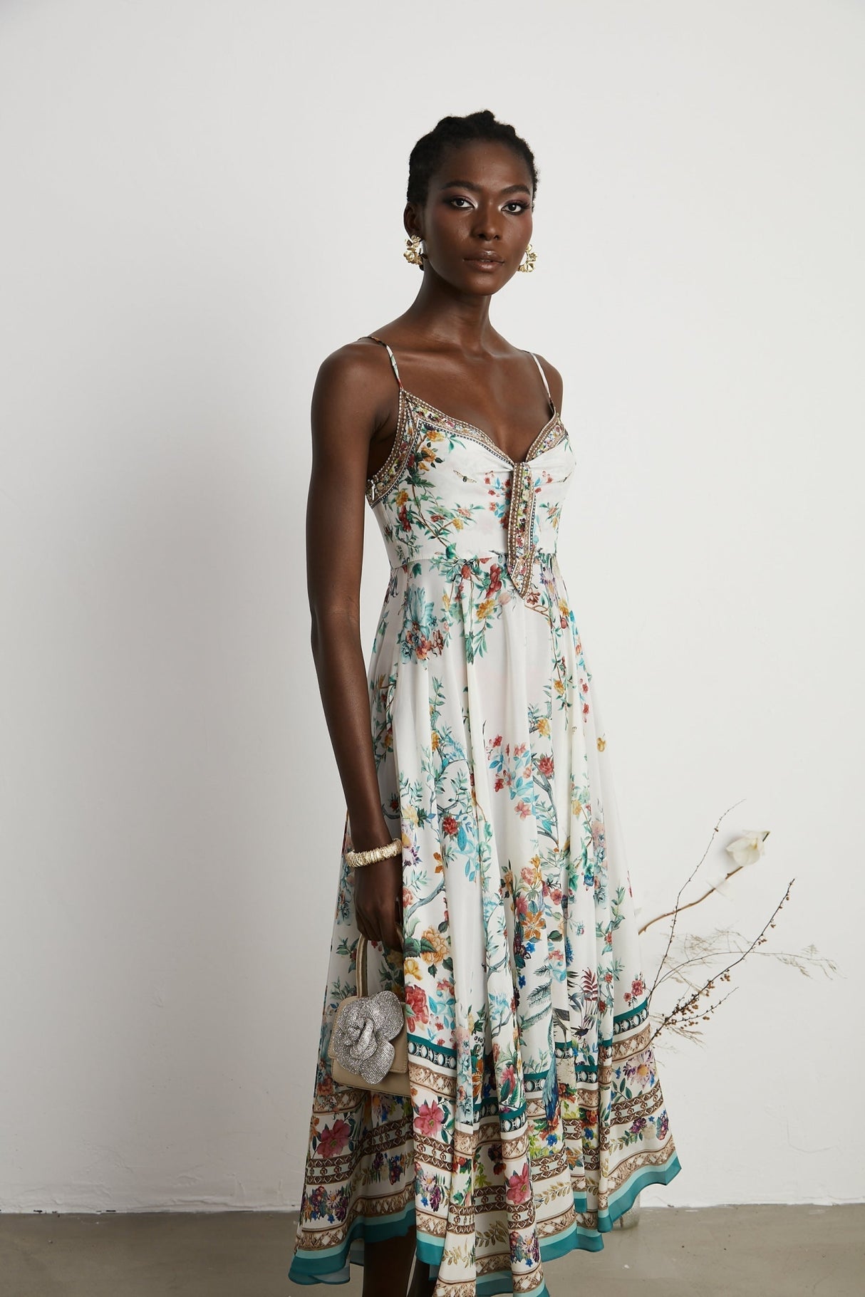 Guendalina Floral Midi Dress - Sleeveless with Spaghetti Straps - Twist Detailing - Crystal Embellished - Side Zip Fastening
