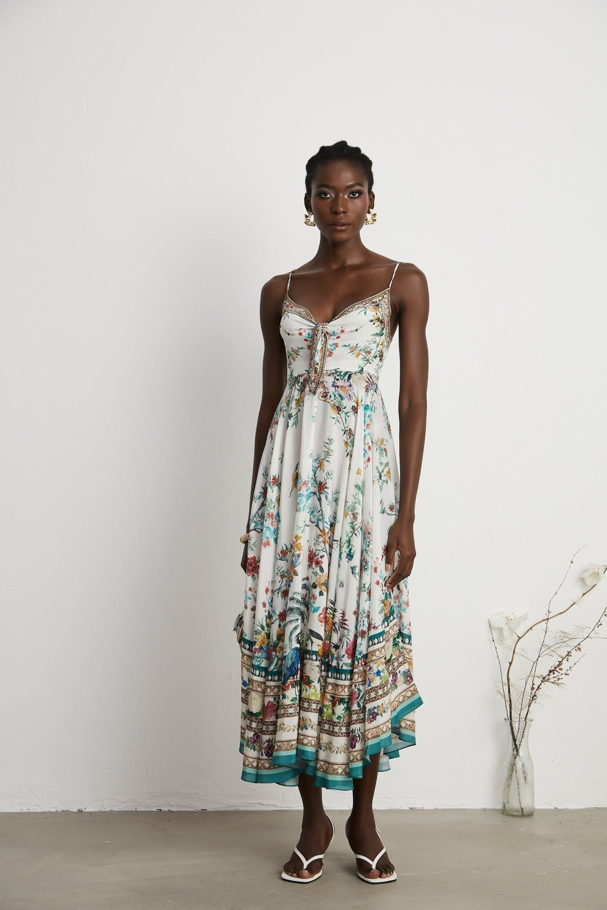 Guendalina Floral Midi Dress - Sleeveless with Spaghetti Straps - Twist Detailing - Crystal Embellished - Side Zip Fastening