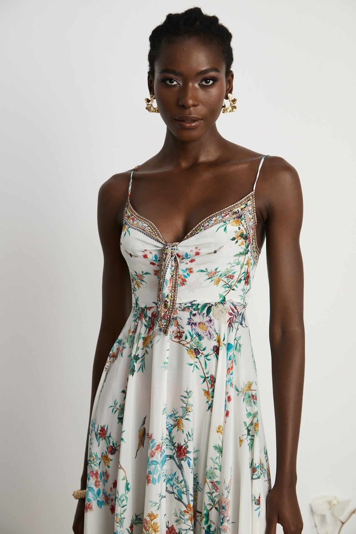 Guendalina Floral Midi Dress - Sleeveless with Spaghetti Straps - Twist Detailing - Crystal Embellished - Side Zip Fastening