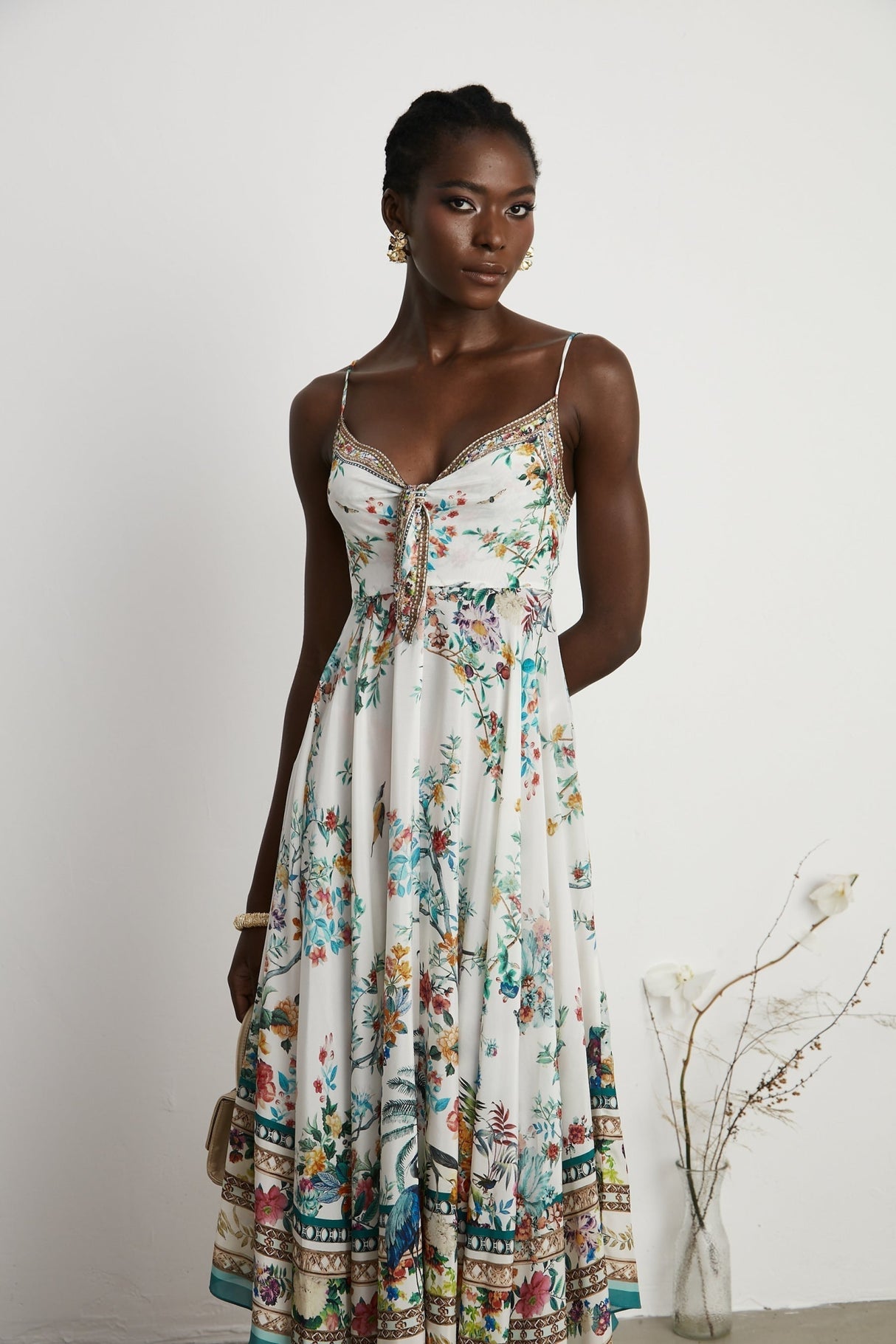 Guendalina Floral Midi Dress - Sleeveless with Spaghetti Straps - Twist Detailing - Crystal Embellished - Side Zip Fastening