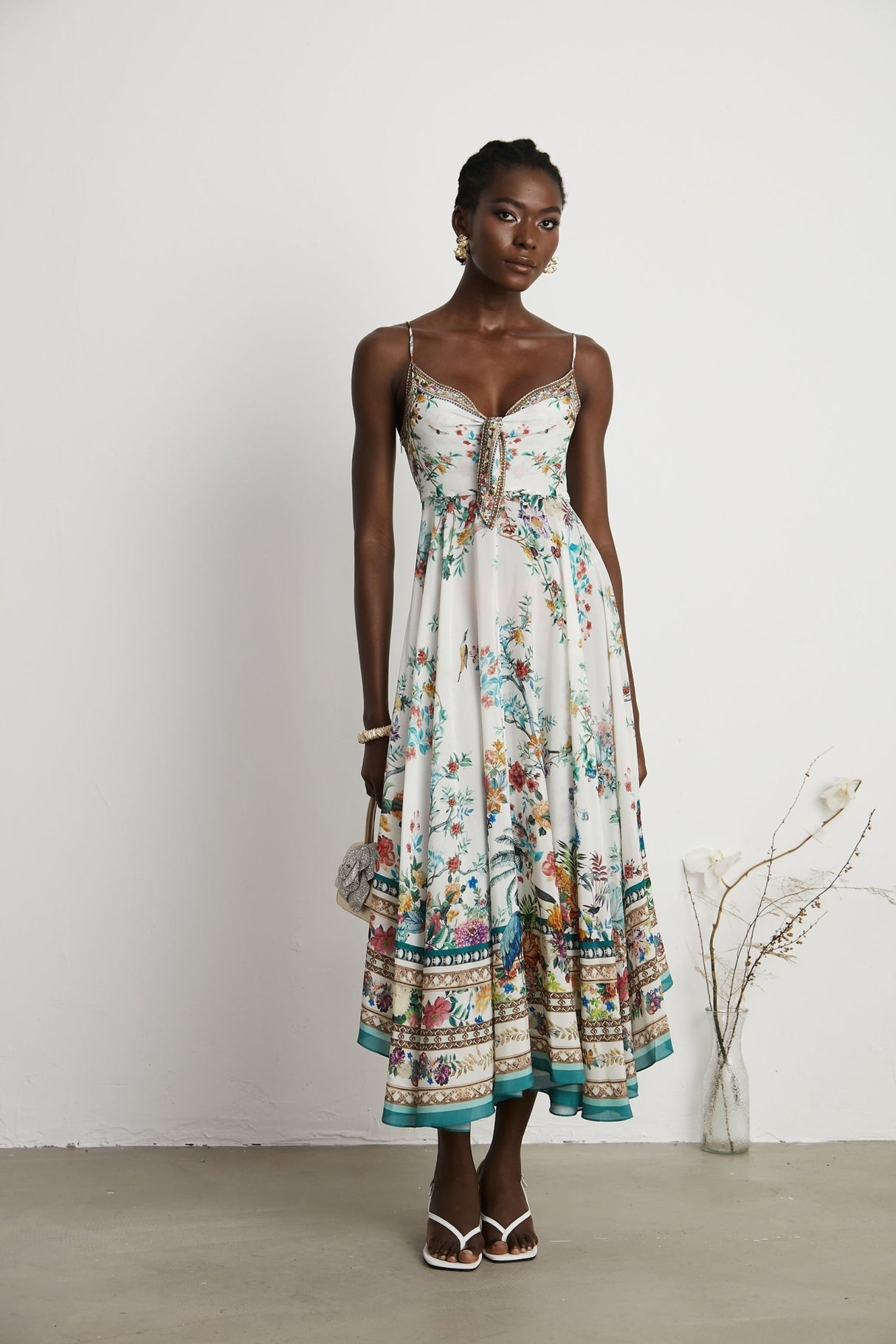 Guendalina Floral Midi Dress - Sleeveless with Spaghetti Straps - Twist Detailing - Crystal Embellished - Side Zip Fastening